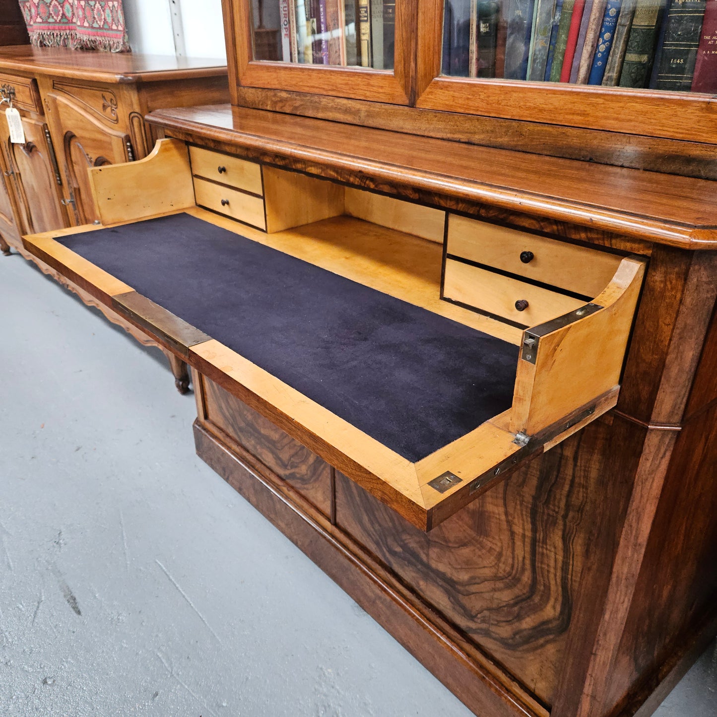 19th Century French Figured Walnut Two Door Bookcase Secretaire