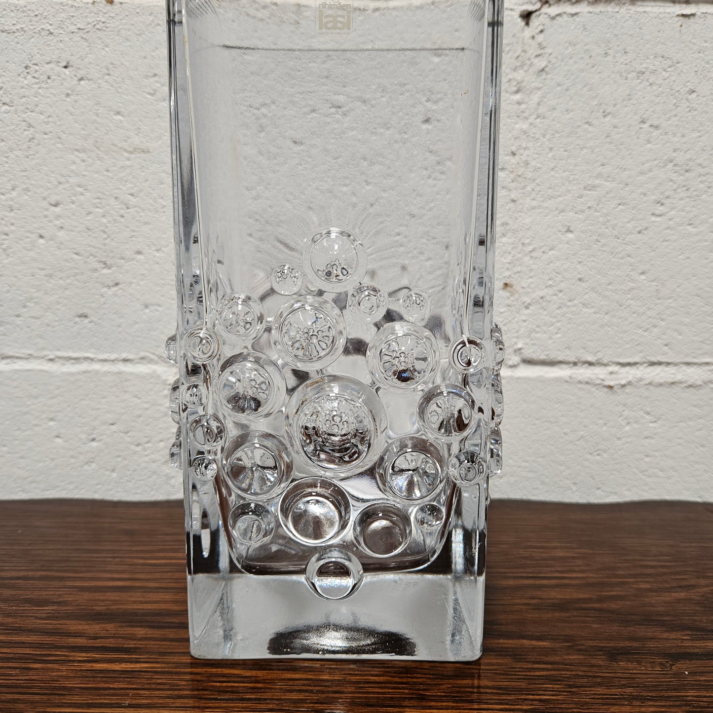 Riihimaen " Lasi Stella Polaris" glass vase made in Finland with its original sticker. In good original condition with no chips or cracks.