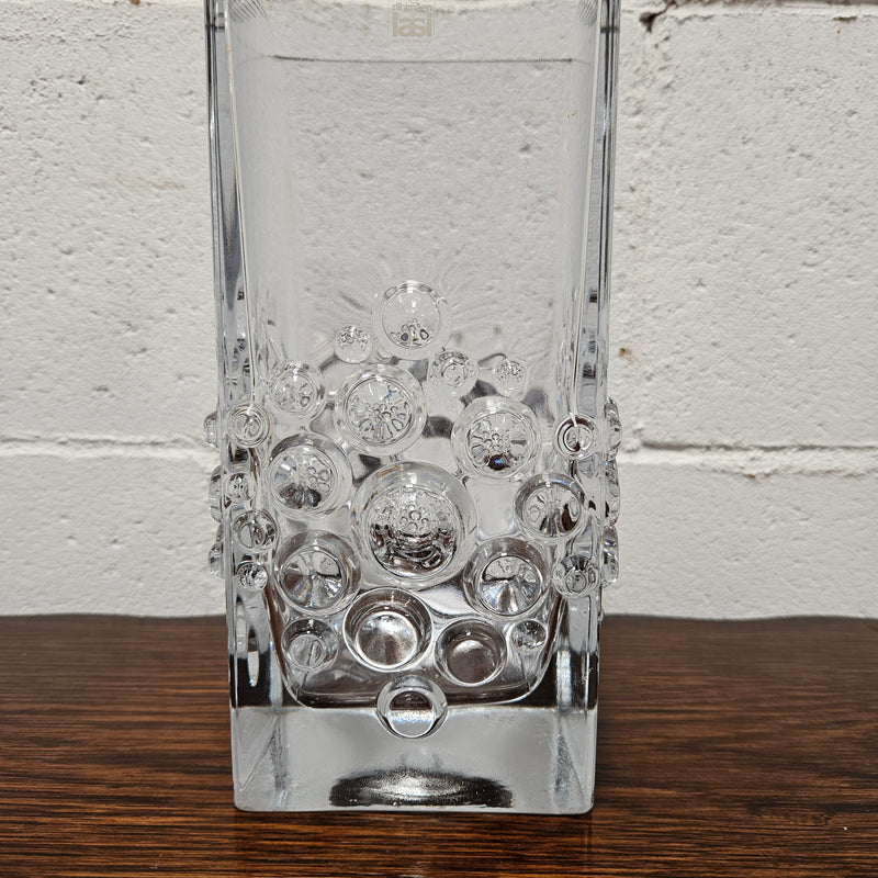 Riihimaen " Lasi Stella Polaris" glass vase made in Finland with its original sticker. In good original condition with no chips or cracks.