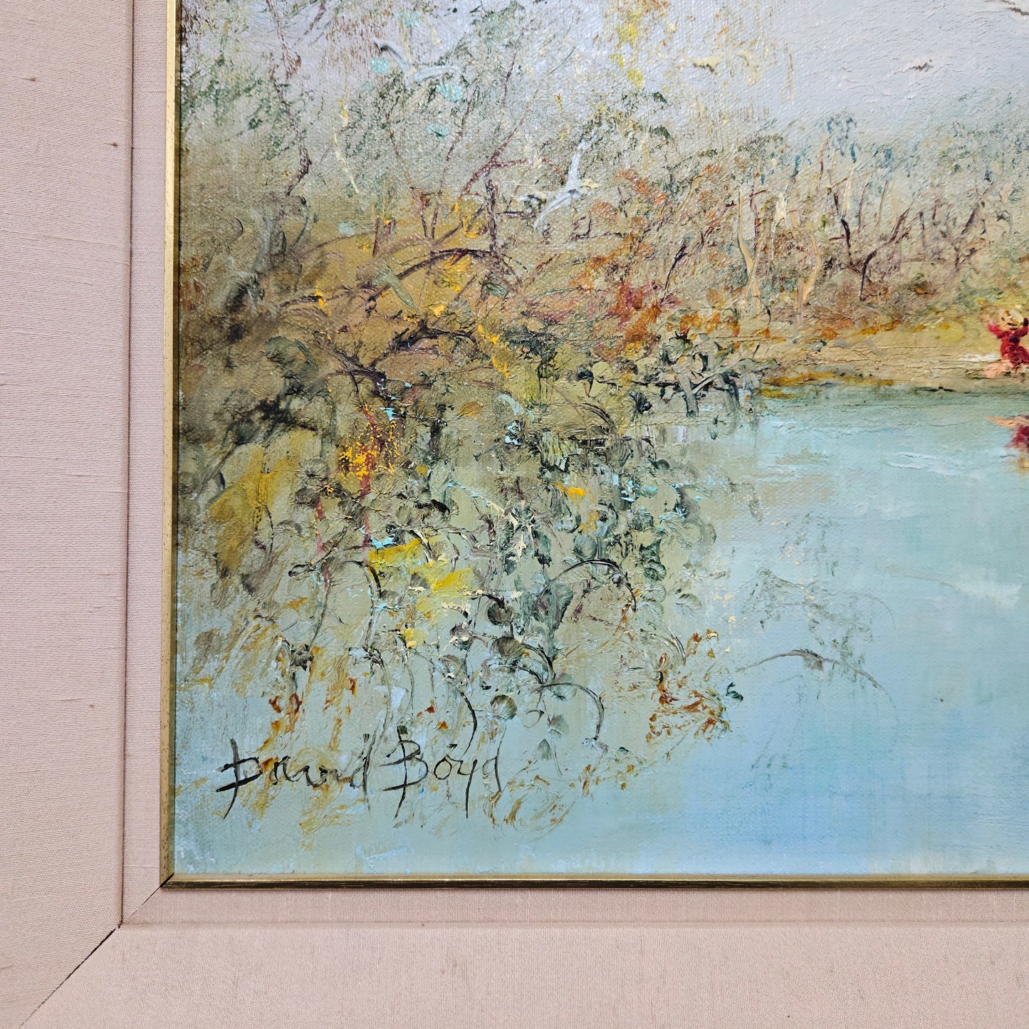 Vibrant David Boyd oil on canvas "Children playing by the River with Birds". In good original detailed condition. Height- 40 cm-Width- 45 cm-