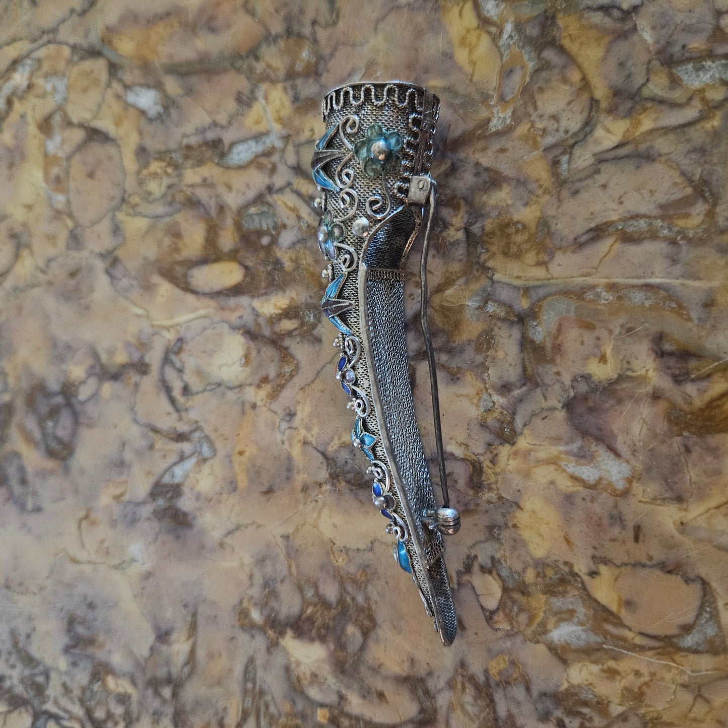 Antique Silver Filigree Chinese Finger Guard Brooch