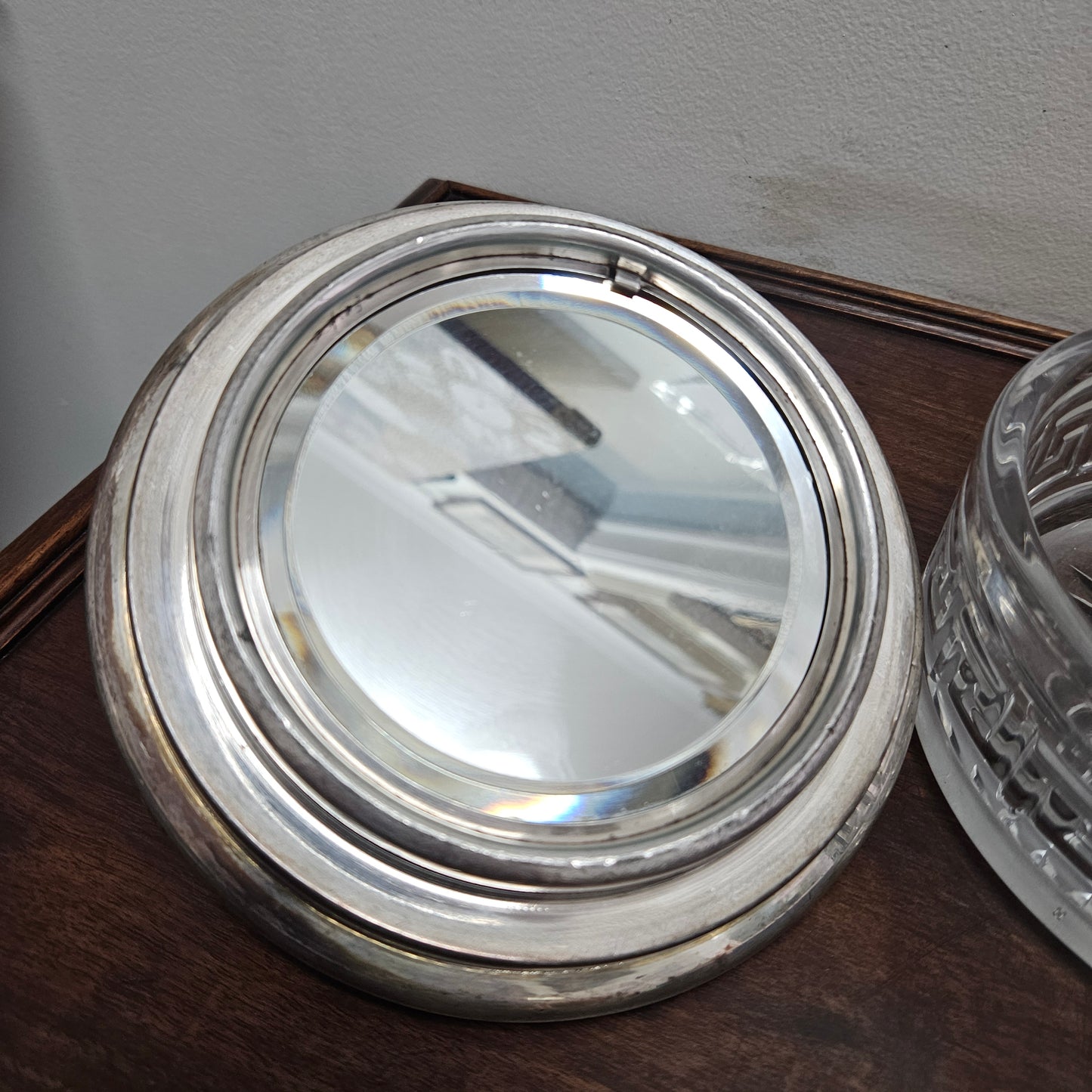 Unusual Victorian Vanity Glass Container with "Greek Key Pattern to Base" with a Silver Lid & Internal Mirror