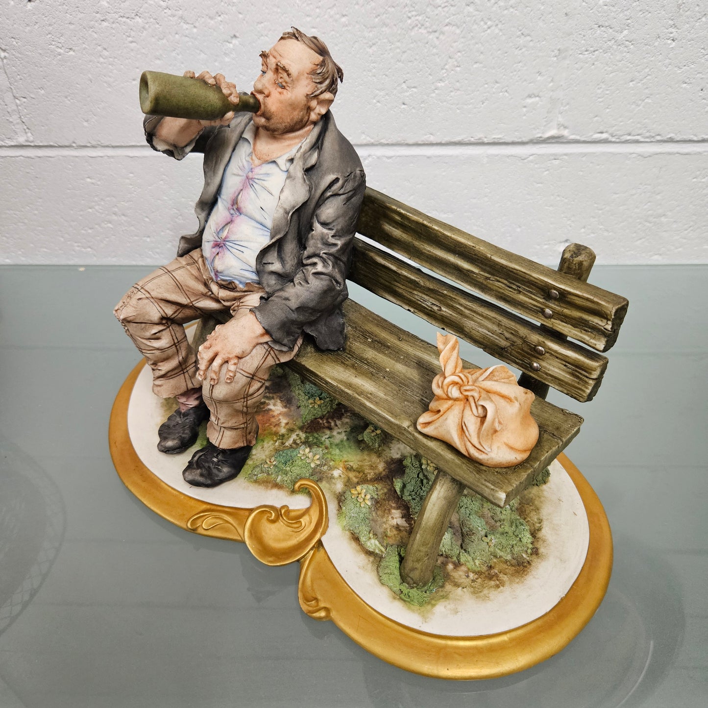Vintage Capodimonte Tramp Sitting on Park Bench