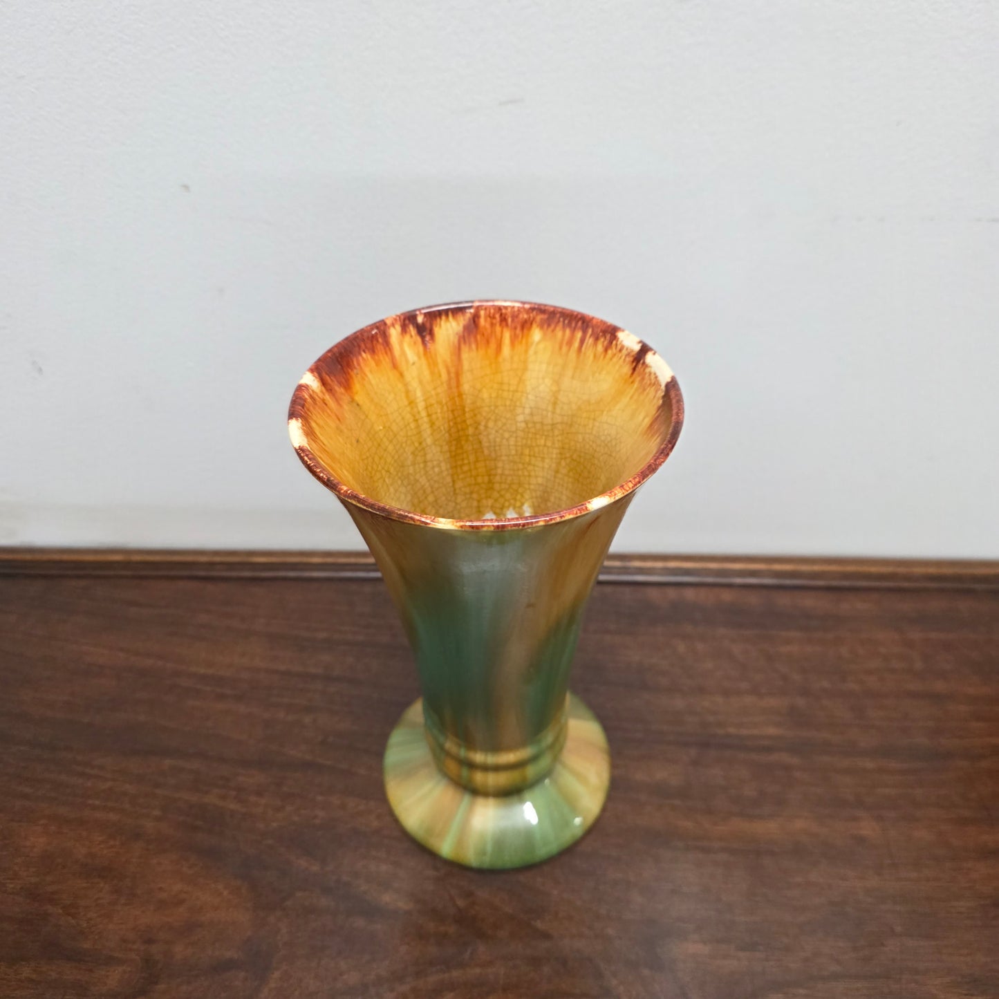 1930s Cornwell Brunswick Pottery Green & Brown Drip Glaze Vase