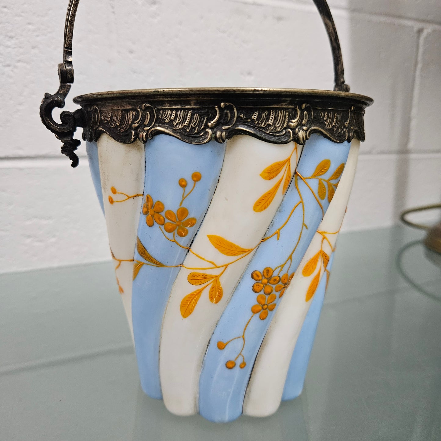 Antique Victorian Milk Glass Hand Painted Bucket