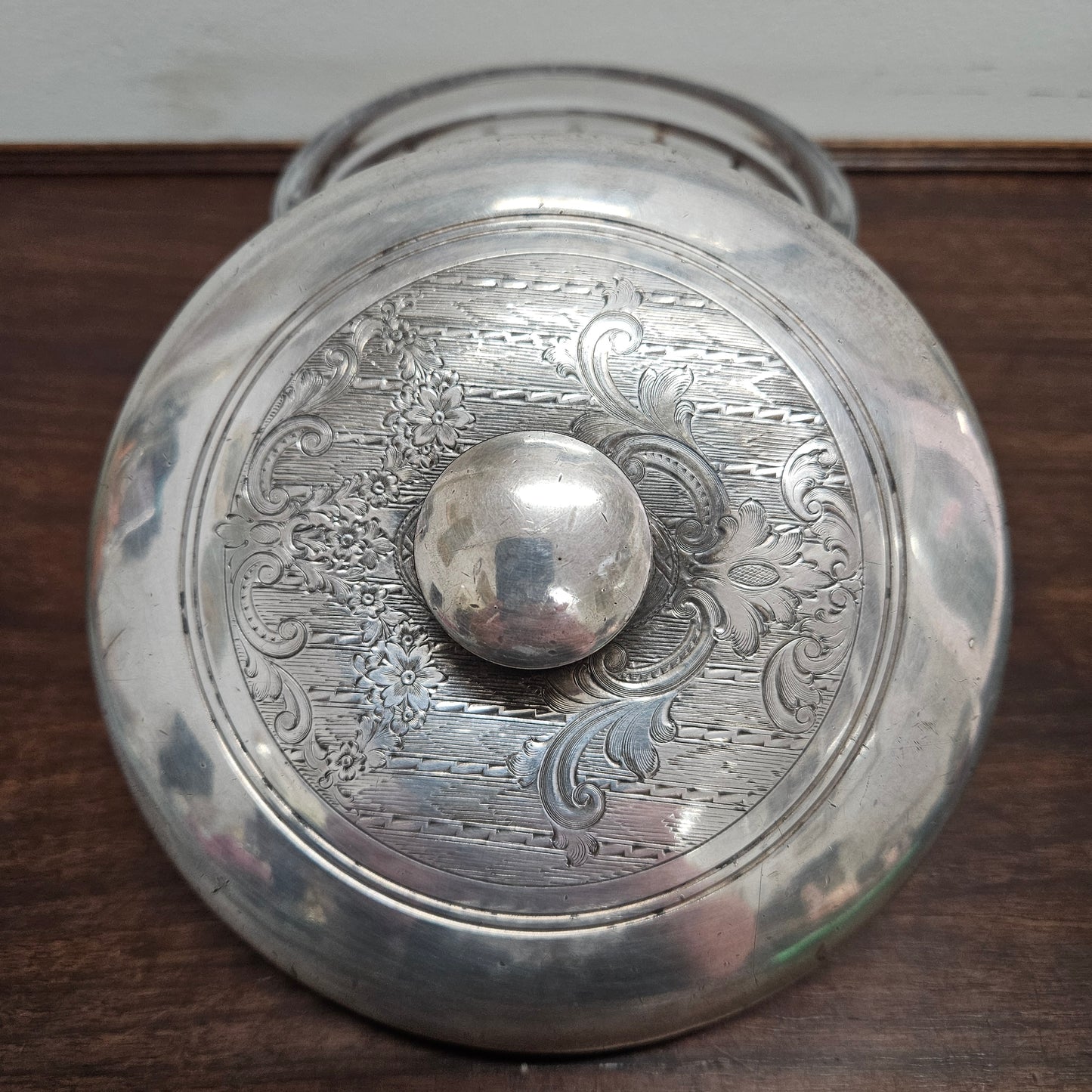 Unusual Victorian Vanity Glass Container with "Greek Key Pattern to Base" with a Silver Lid & Internal Mirror