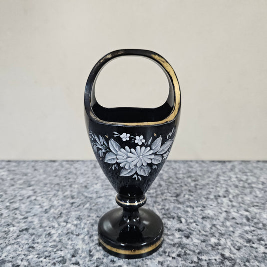 Victorian Enamel Black Glass Basket Vase
