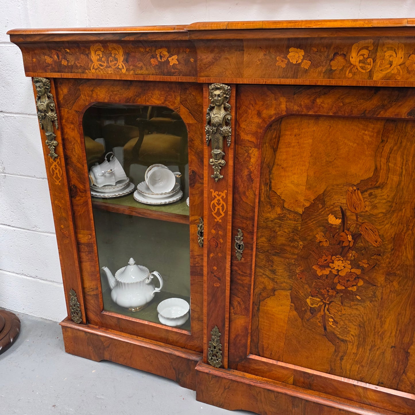 Outstanding Burr Walnut & Marquetry Antique Bookcase Credenza
