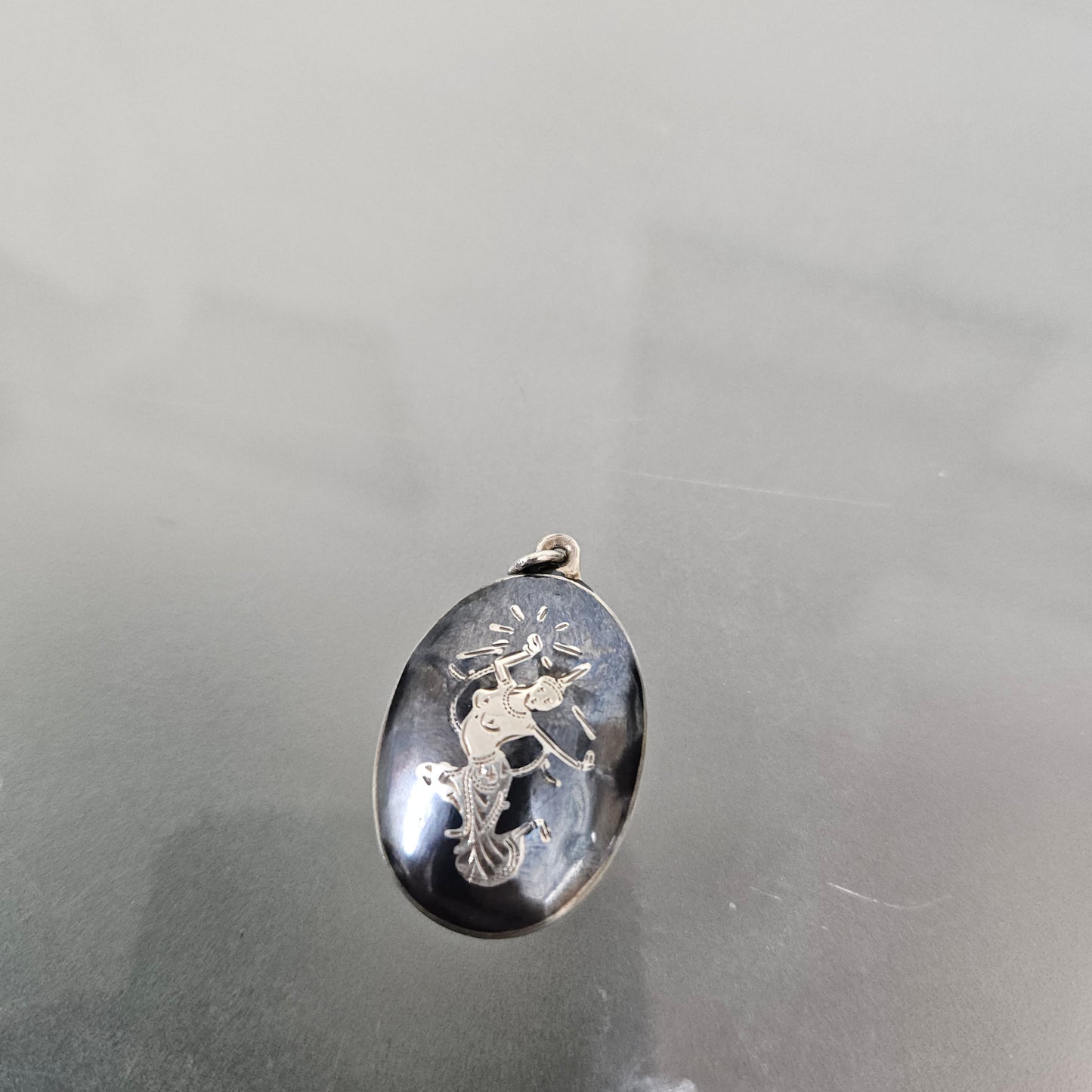 SIAM Silver Metal Vintage Black Enamel Niello Dancer Pendant