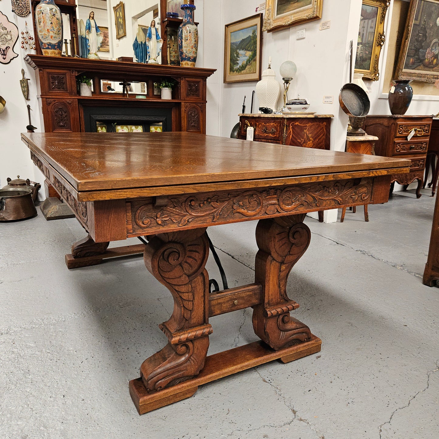 French Oak Spanish Style Parquetry Top Extension Dining Table