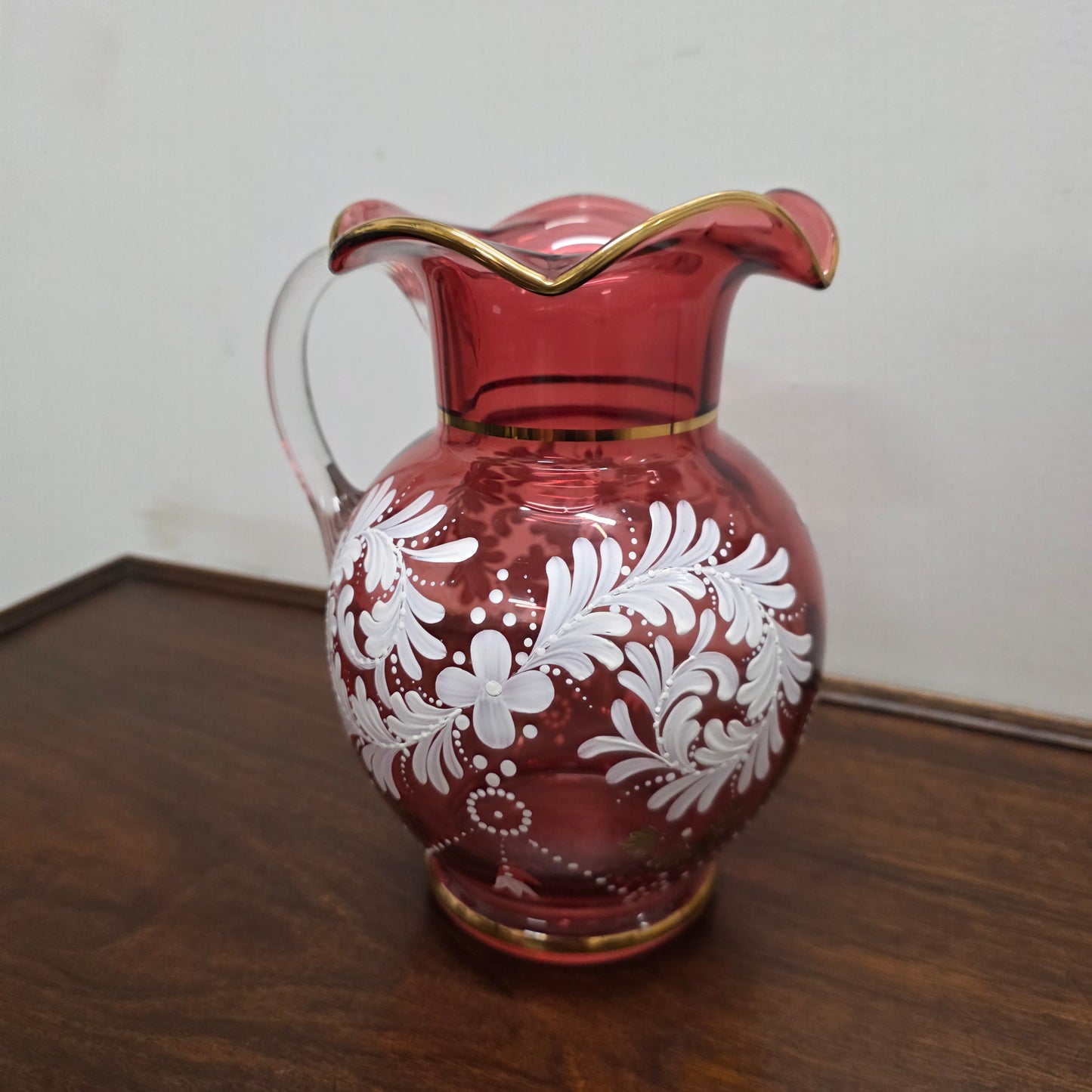 Vintage Ruby & Enamel Painted Glass Jug