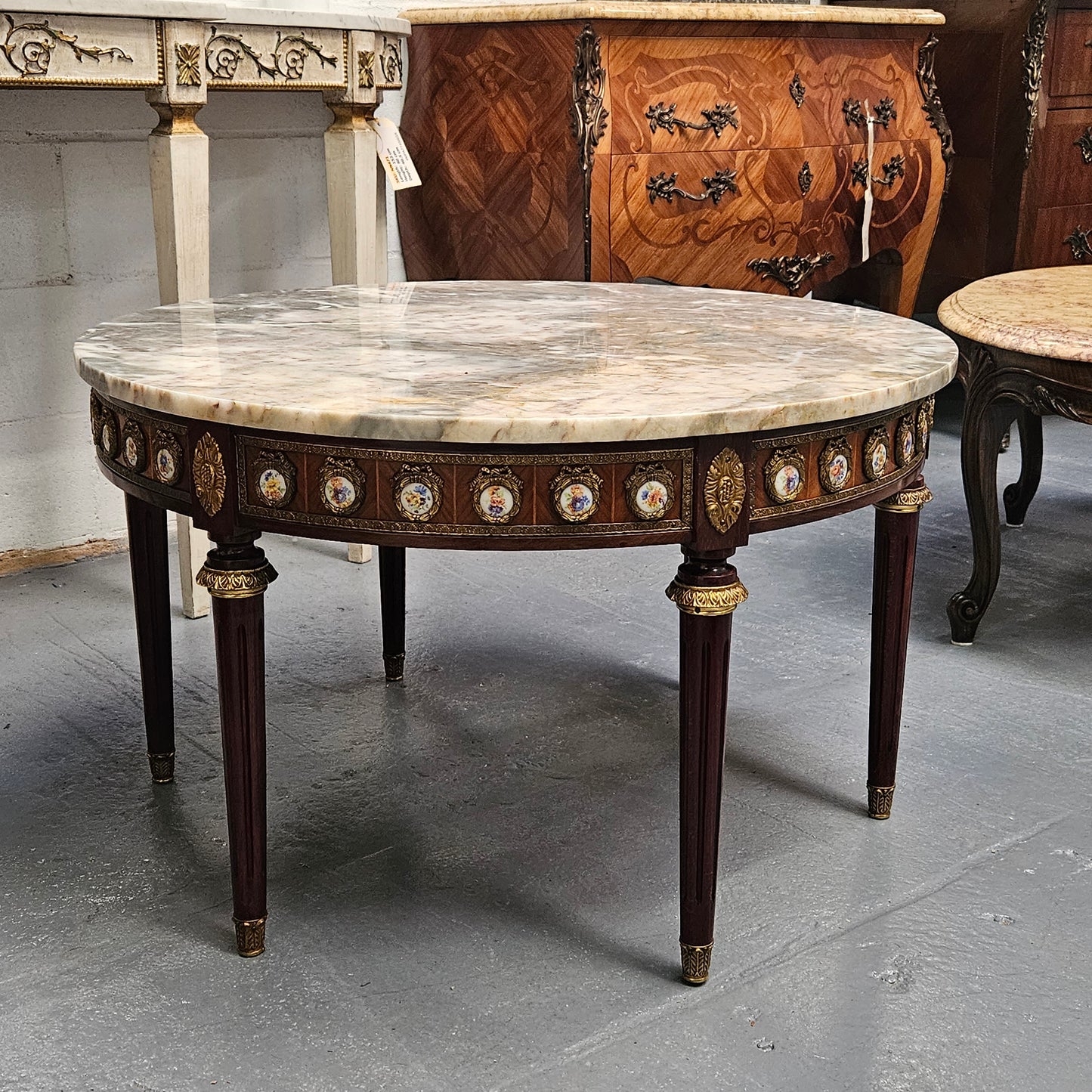 French Mahogany Louis XVI Style Limoges Marble Top Coffee Table