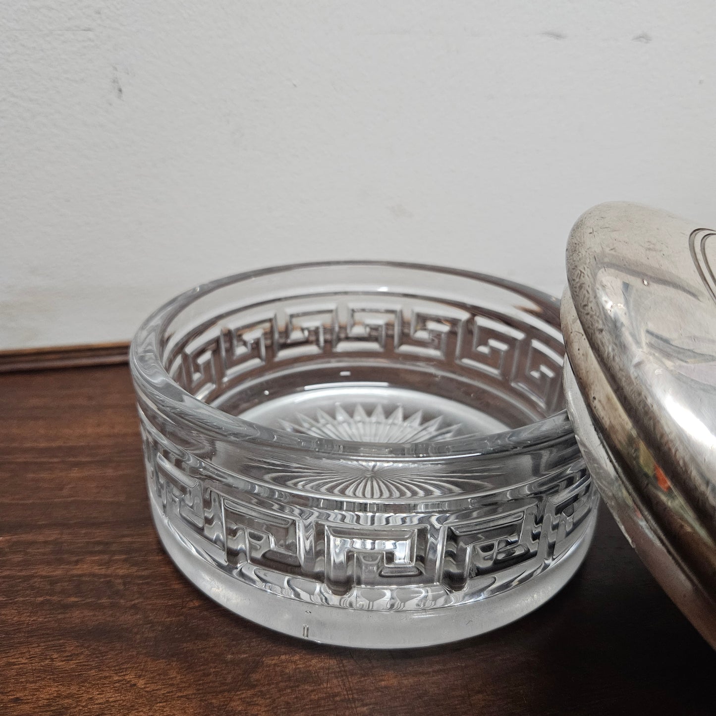 Unusual Victorian Vanity Glass Container with "Greek Key Pattern to Base" with a Silver Lid & Internal Mirror