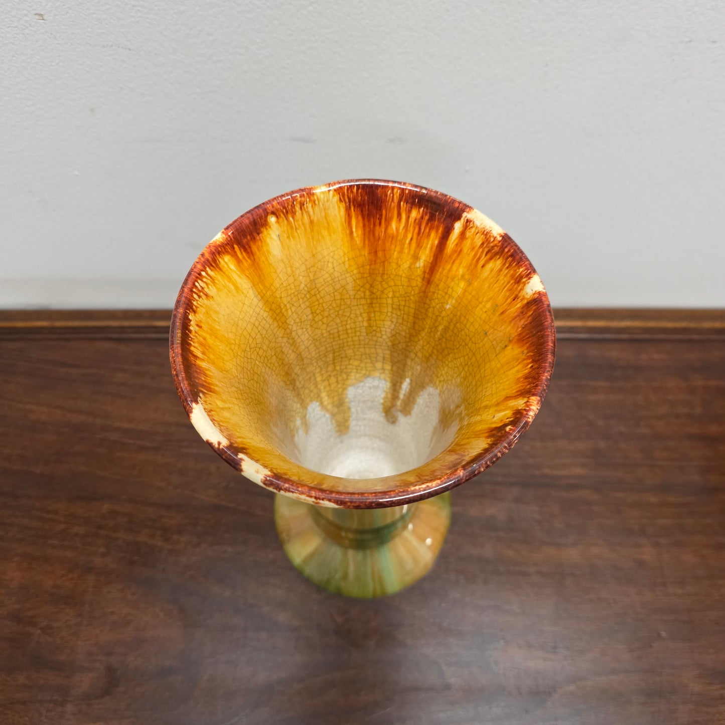 1930s Cornwell Brunswick Pottery Green & Brown Drip Glaze Vase