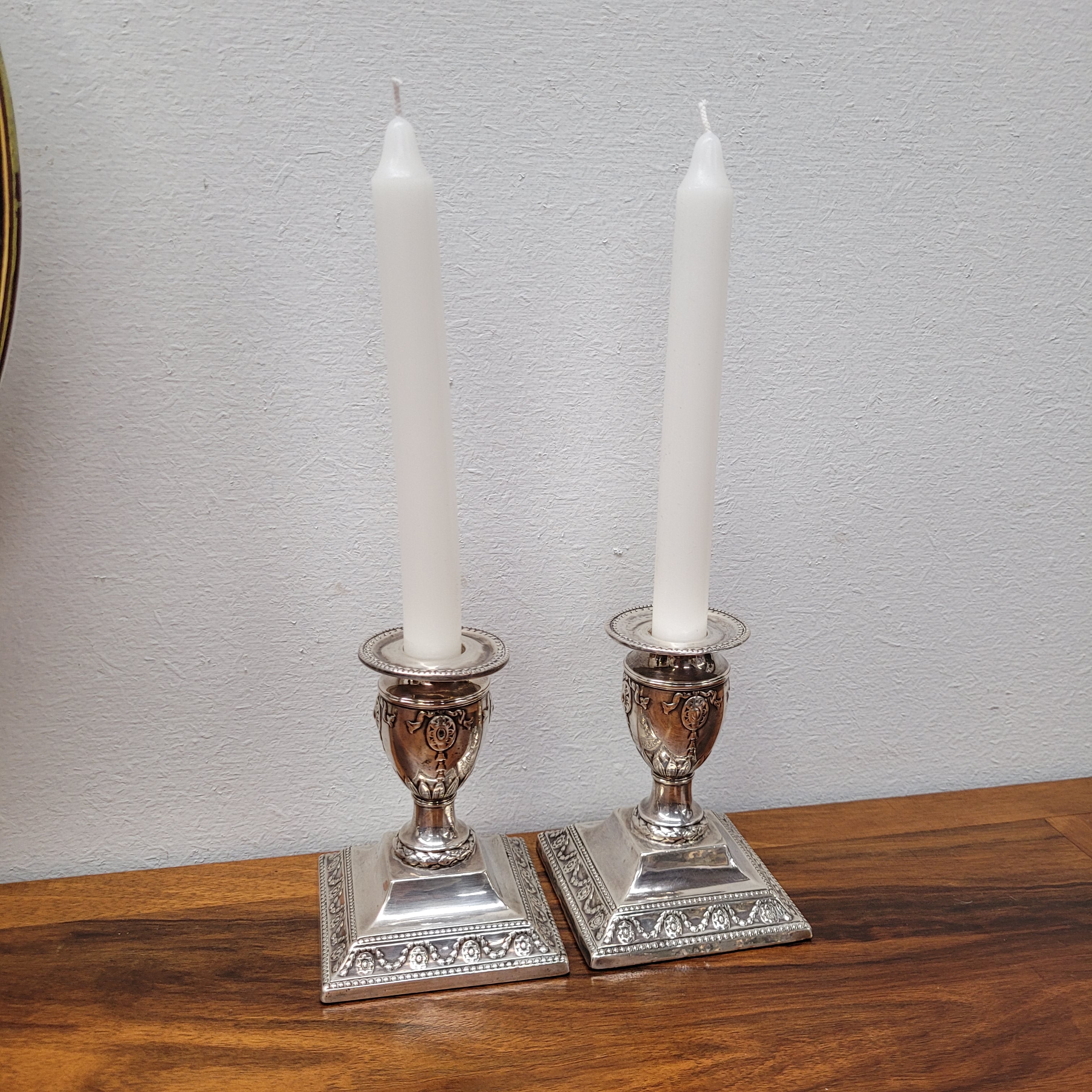 Pair of London Sterling Silver Neo Classical Style Candle Sticks