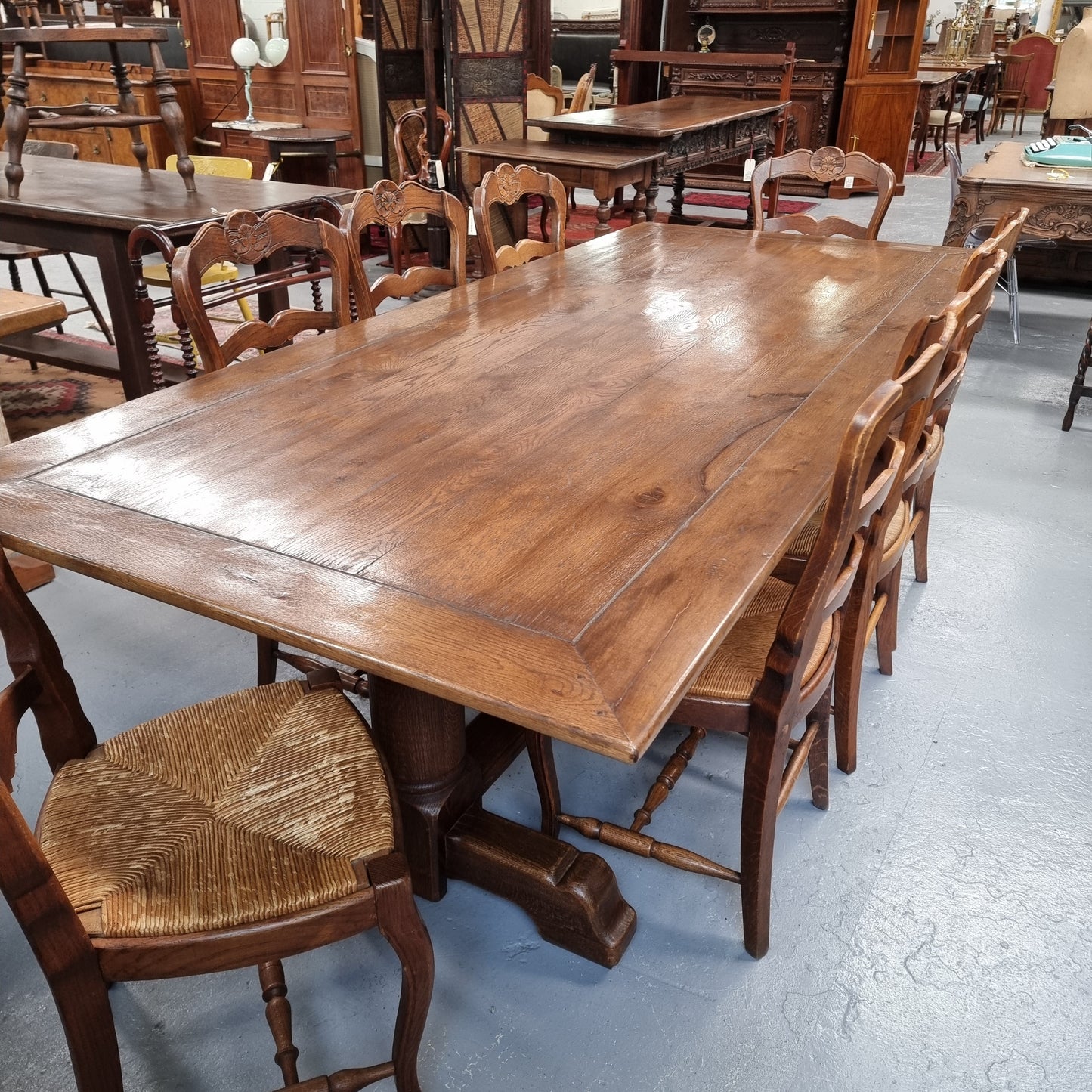 Fruitwood Top Oak Base Pedestal Dining Table