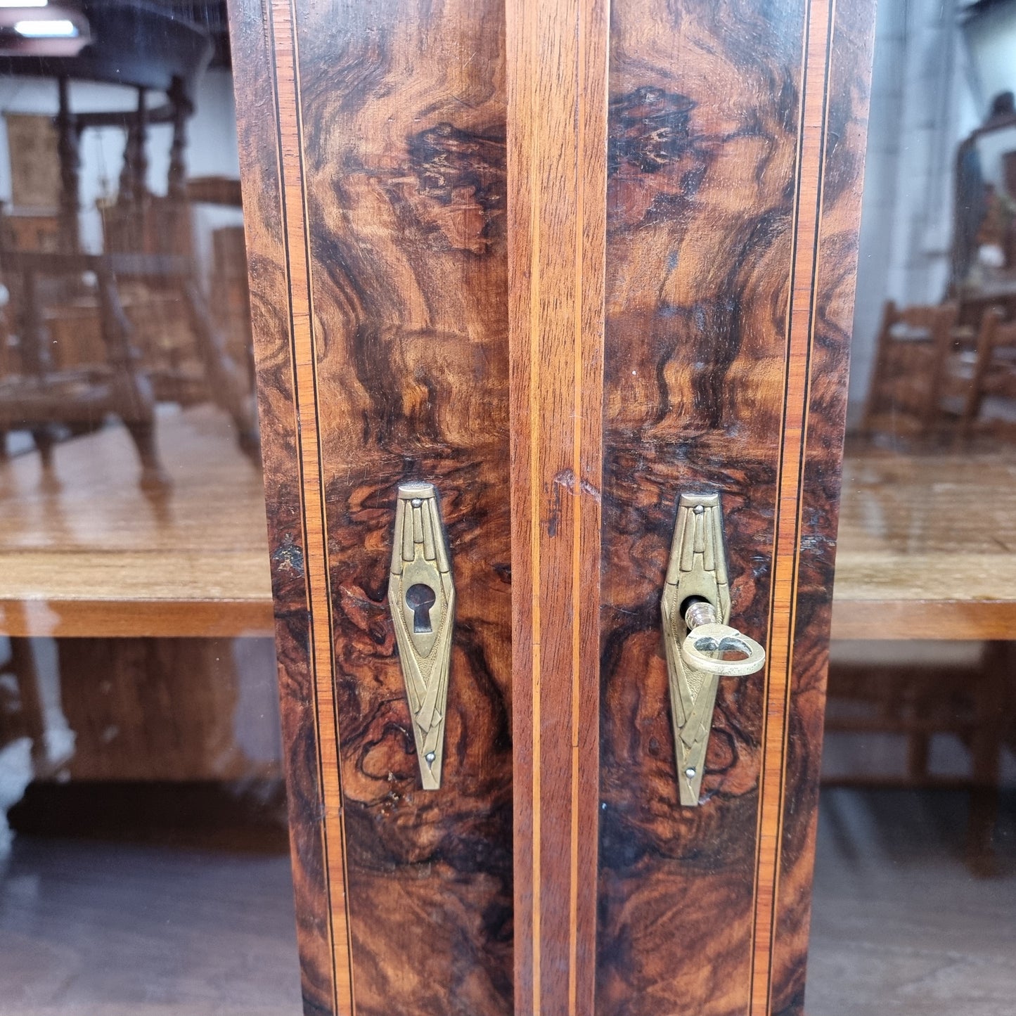 Art Deco Figured Walnut Inlaid Two Door Bookcase