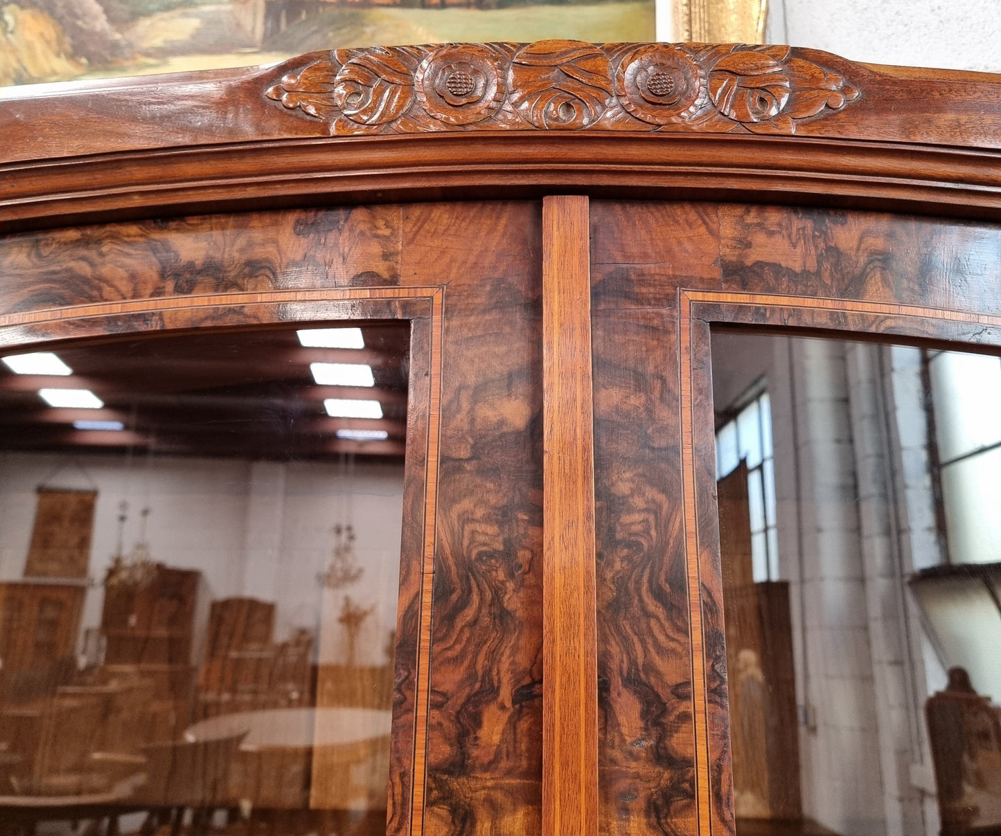 Art Deco Figured Walnut Inlaid Two Door Bookcase