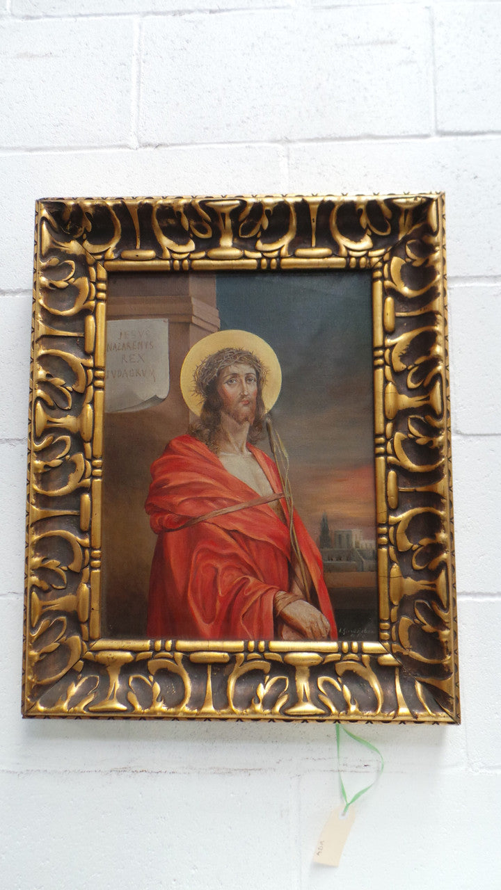 Superbly Painted Oil On Canvas Of Jesus In An Ornate Antique Gilt Decorated Frame.