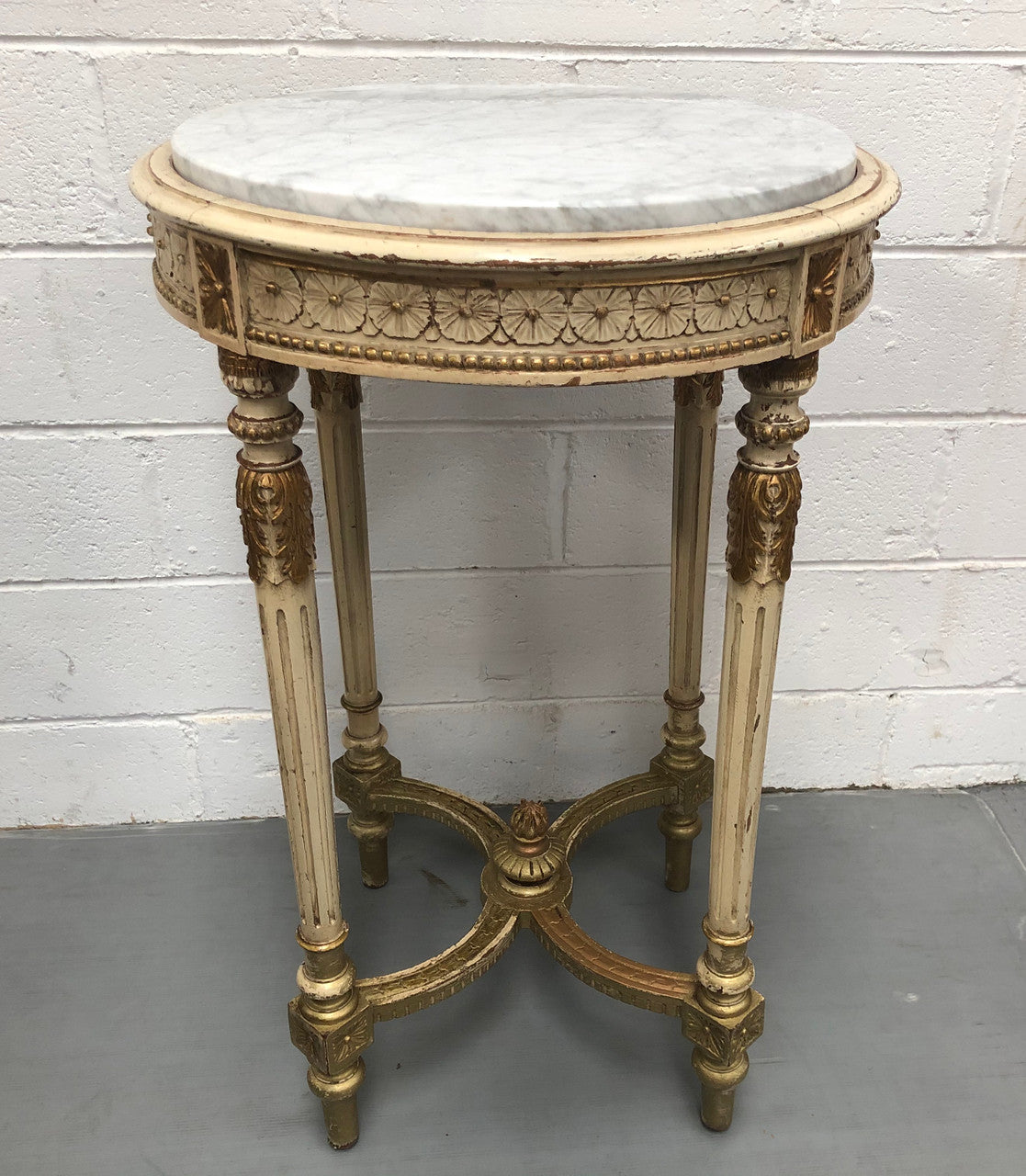 French Late 19th Century painted and gilded Walnut marble top occasional table. In good condition. CIrca 1900.