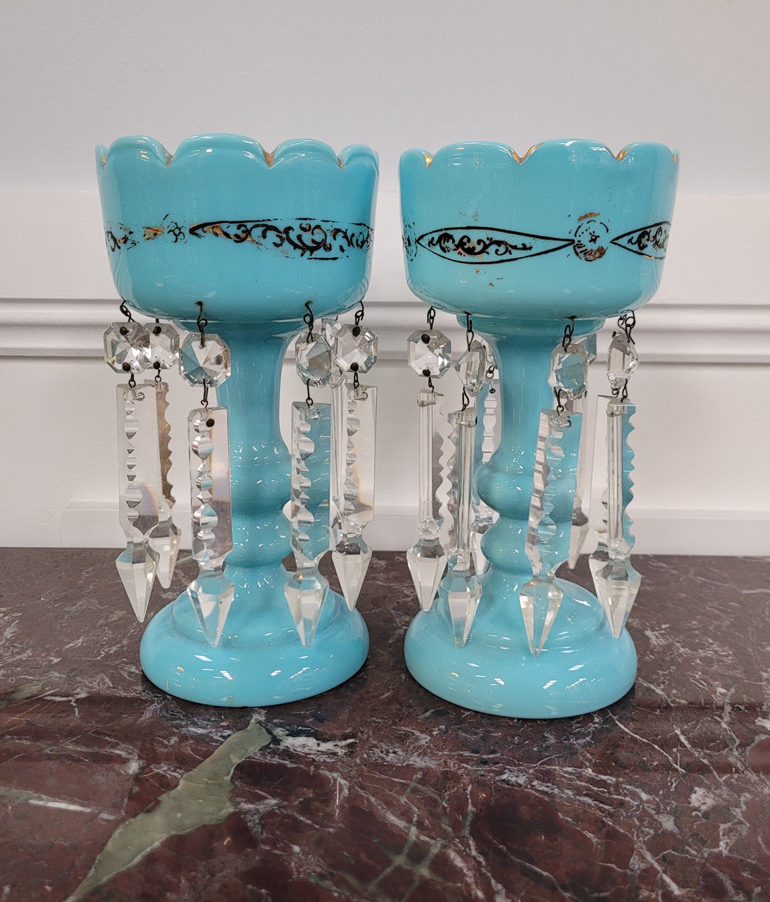 Pair of blue Opaline glass Victorian lustre vases. Please view photos as they help form part of the description.