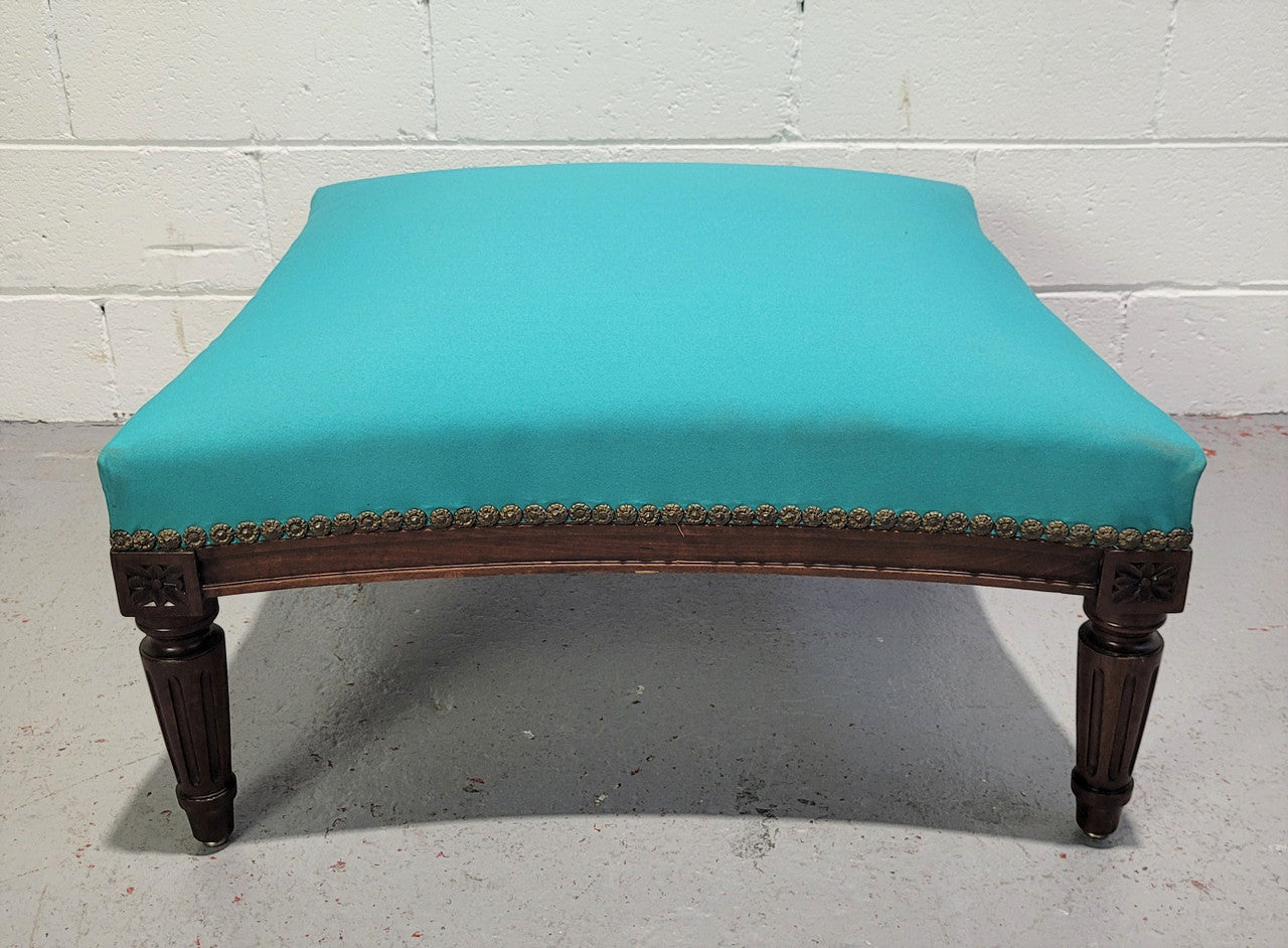 Louis XVI style Walnut blue upholstered large square foot stool. In good original condition.