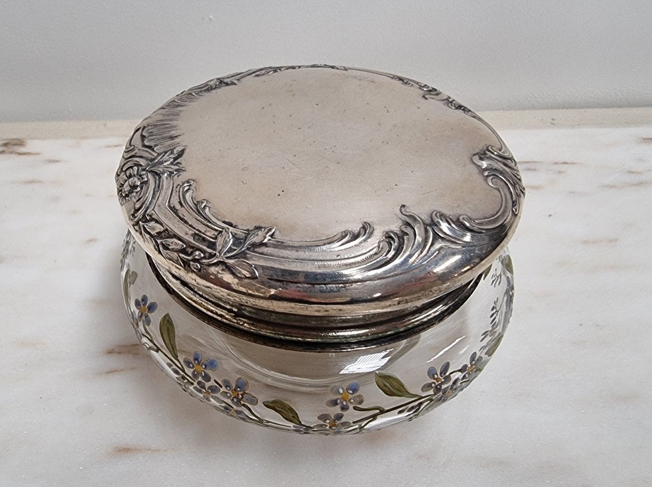 Edwardian Enameled Pattern Glass Dressing Table Bowl with Silver Plate Top