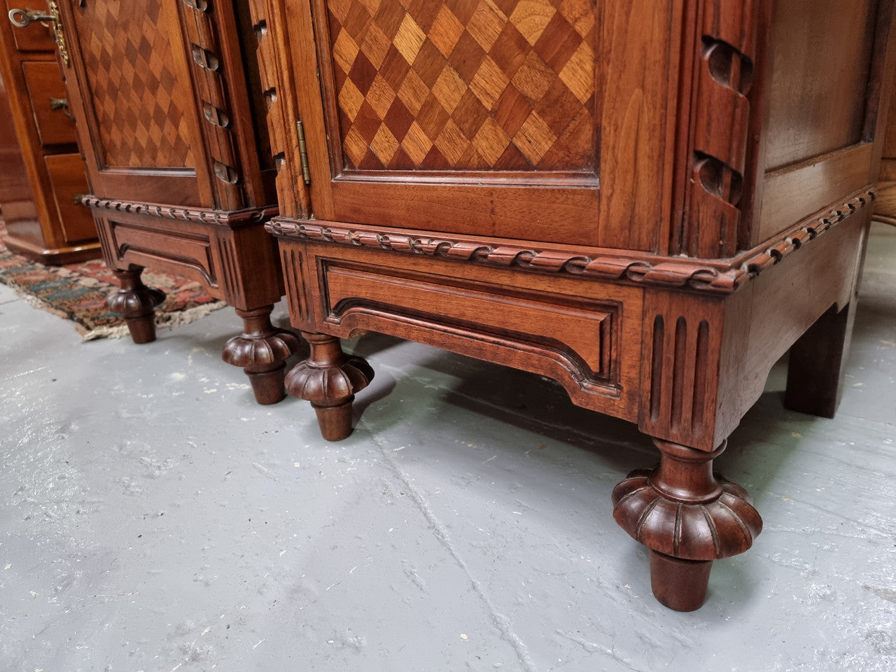 Impressive Pair of Walnut Parquetry Inlaid Henry II Style Marble Top Bedside Cabinets