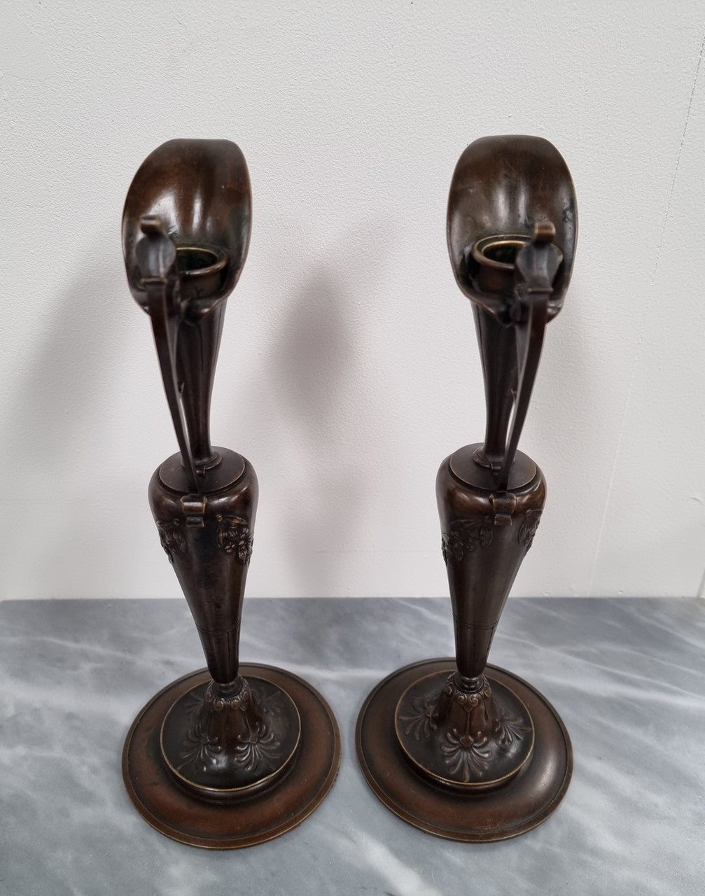 A stunning pair of French Art Nouveau bronze candlesticks. They are of fine quality and in very good condition.