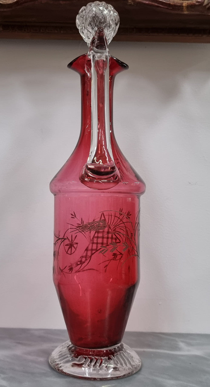 Victorian Etched Ruby Claret Jug With Original Stopper