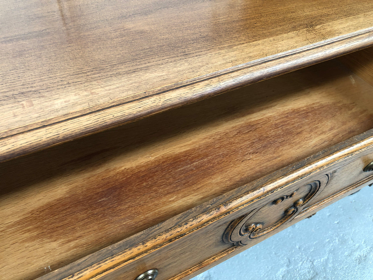 French nicely carved Oak chest of three drawers. In good original detailed condition.
