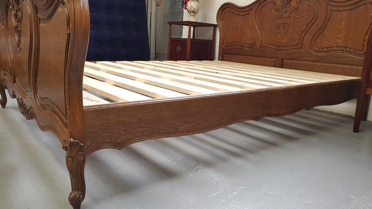 French Oak Louis XV Style Queen Size Bed & Rails