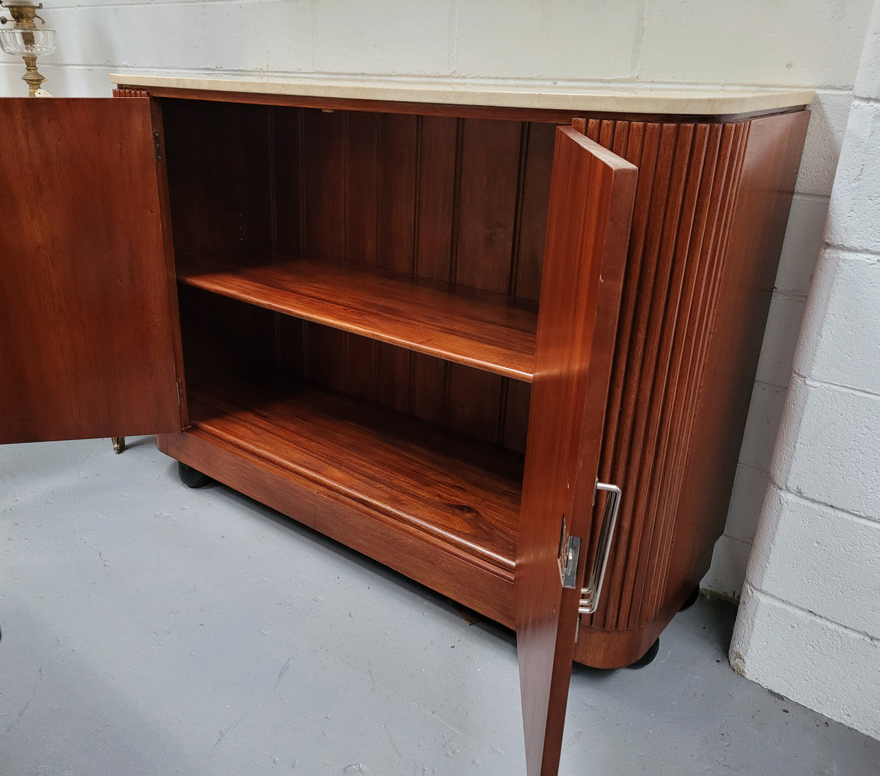 Beautiful Bespoke Art Deco style Walnut and Mahogany marble top buffet. In good original detailed condition.