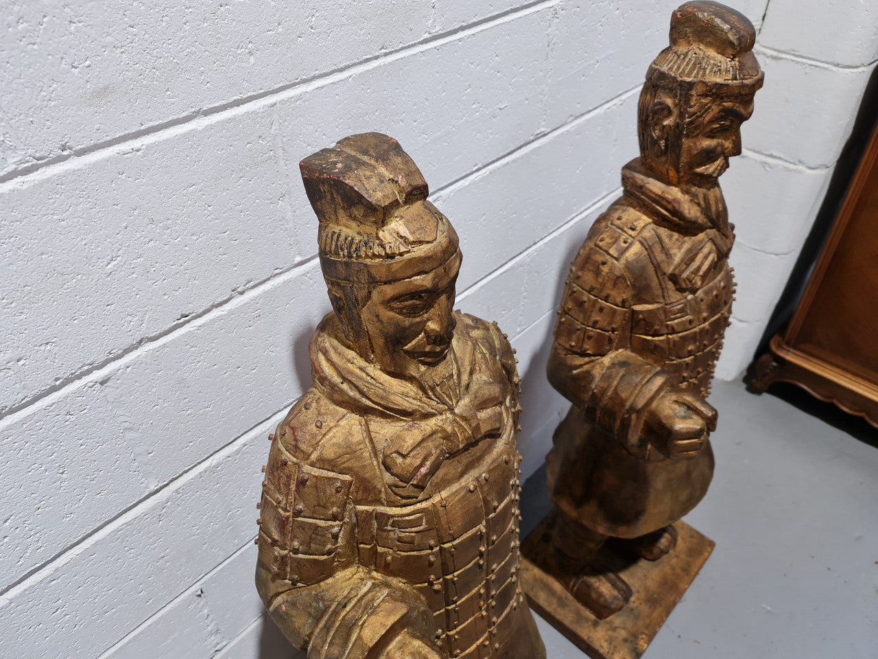 Impressive pair of carved wood and gilt large Chinese Warriors. Circa: 1960. In good original detailed condition.