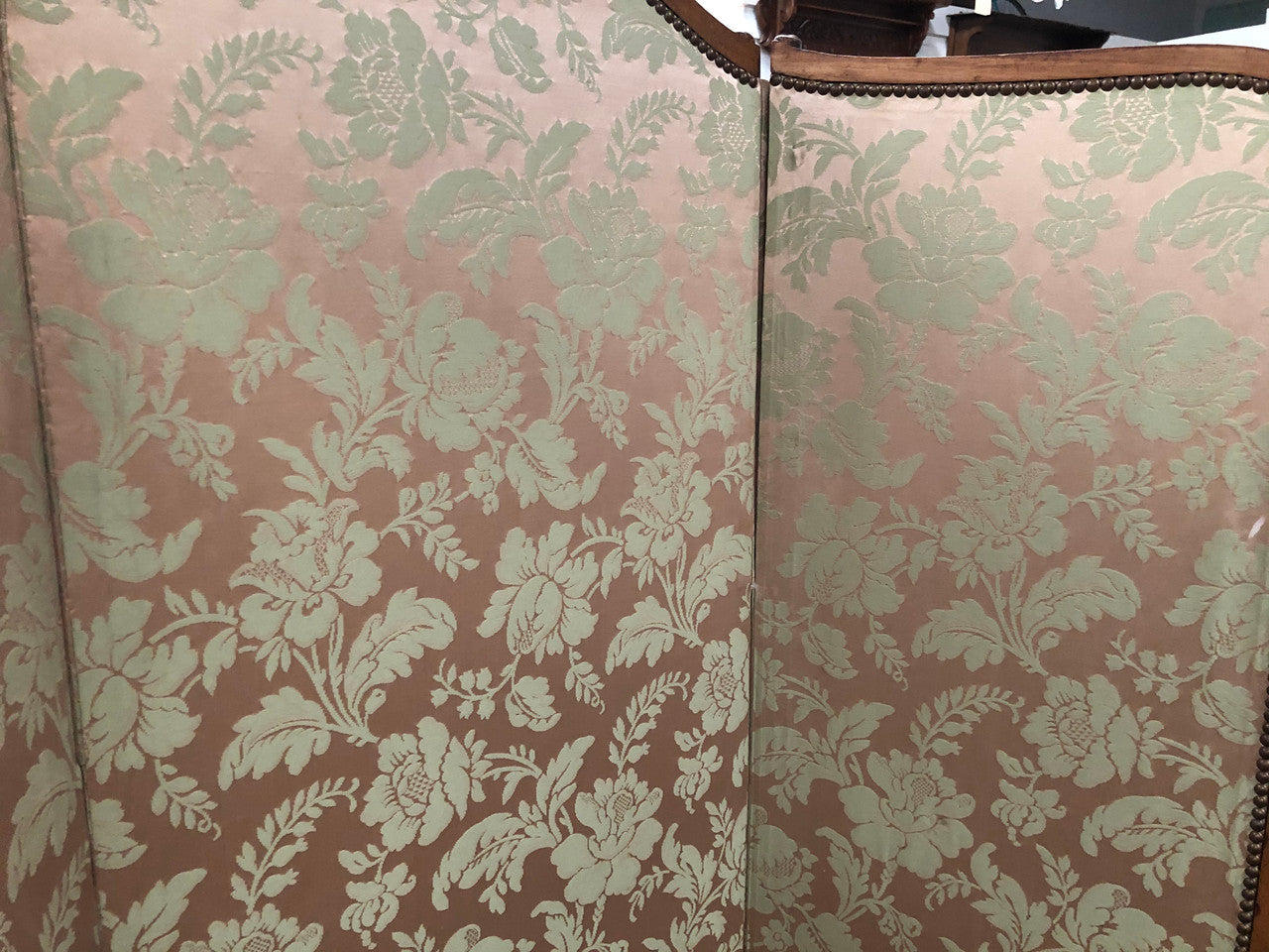 Rare Antique French Walnut Louis XVI "Silk Brocade Fabric" three fold screen. The fabric is in good overall condition with some minor wear and tear.