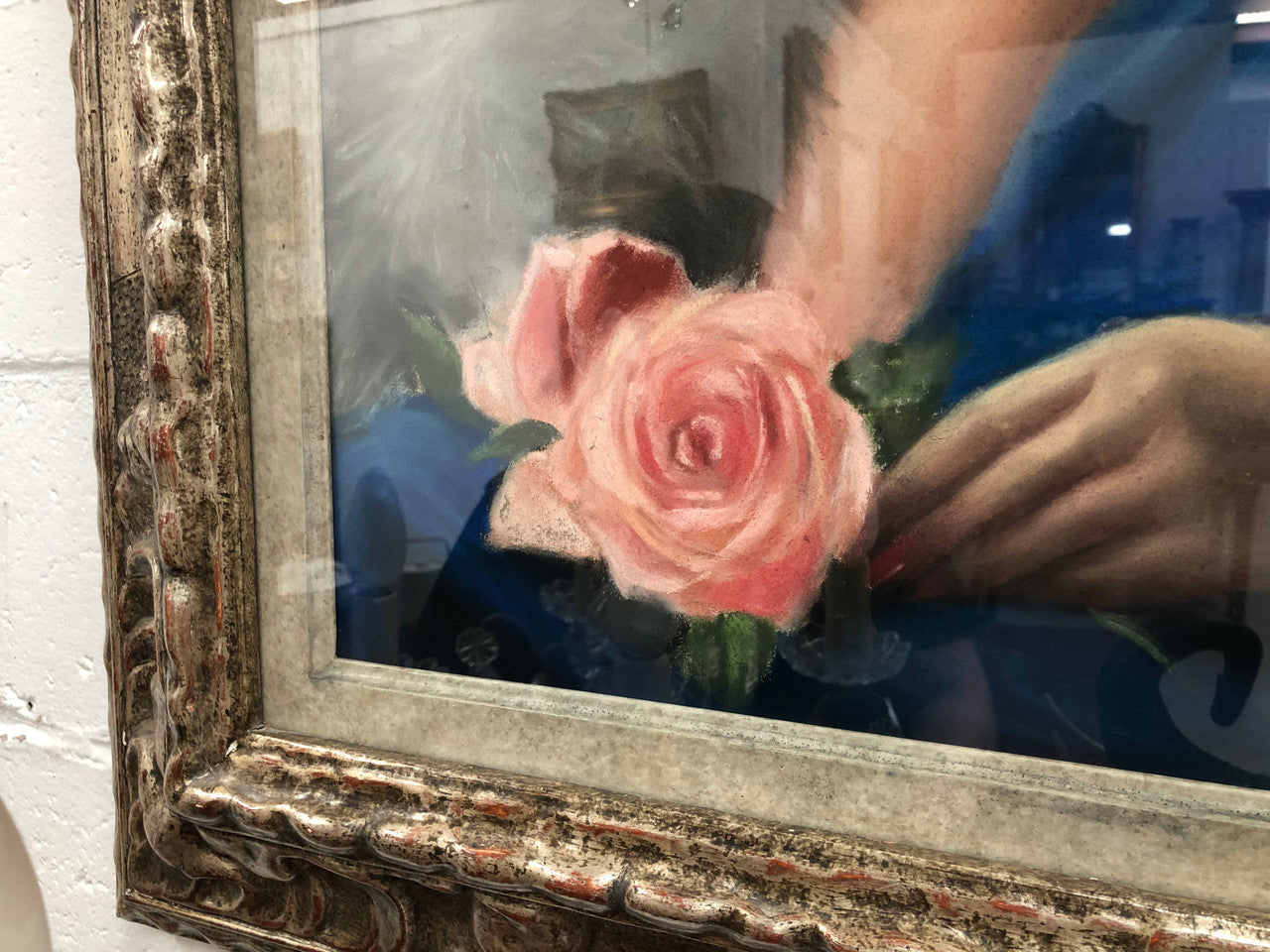 Belgian silver gilt framed pastel of a lady with rose, signed "Simon Dujardin" born 1900. Circa 1950's. Being a pastel artwork it is under glass to protect it.