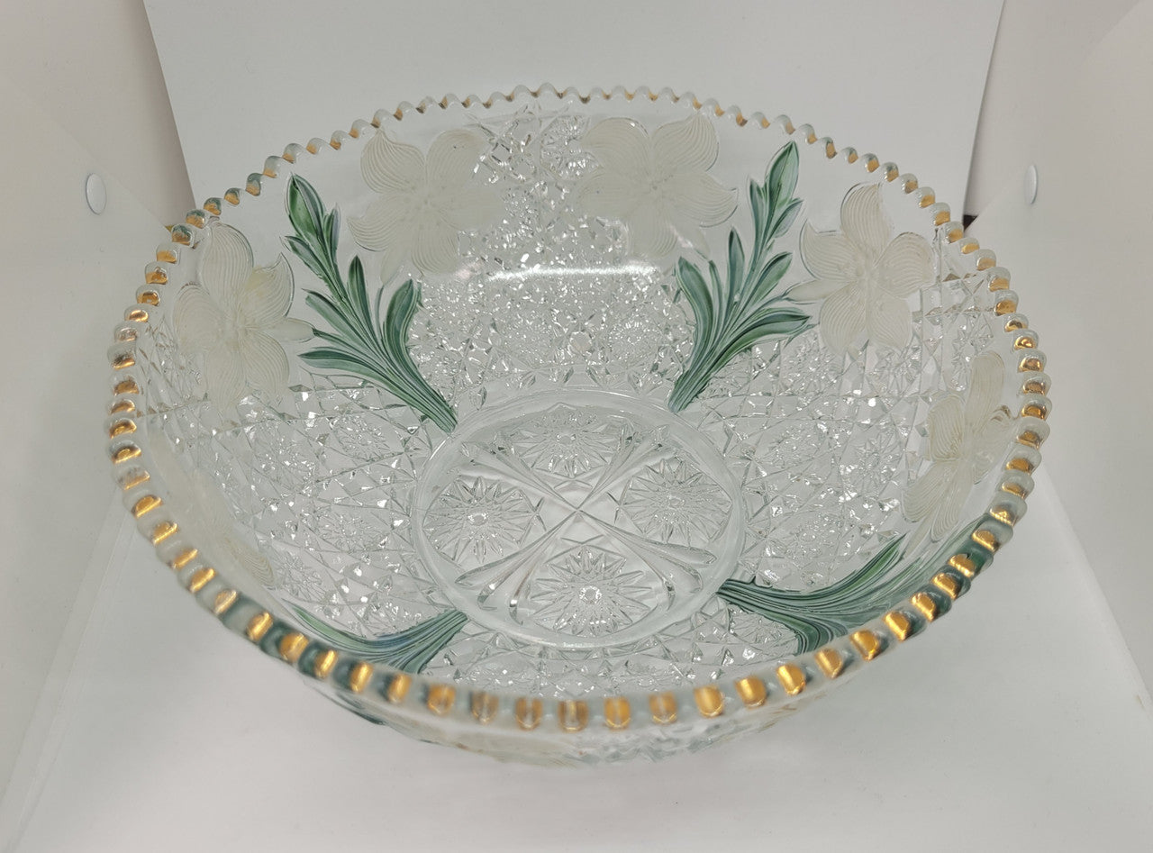 Beautiful unusual Edwardian glass bowl with hand painted features. It is in good original condition with some minor chips, please view photos has they help form part of the description.