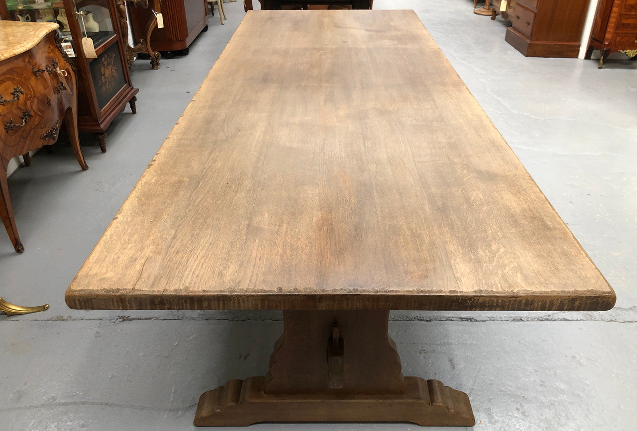 Lovely long French light oak Farmhouse table with a good thick plank top and beautiful stretcher base. Can seat 12 people very comfortable and is in good original condition.