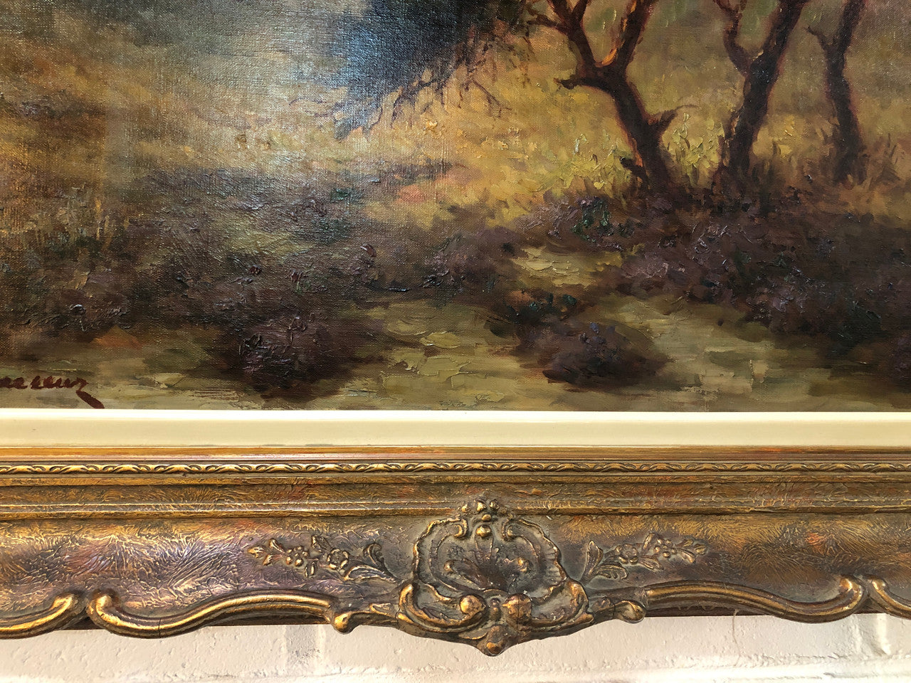 Sensational "Moody" oil on canvas landscape painting in a ornate gilt frame. In good original condition.