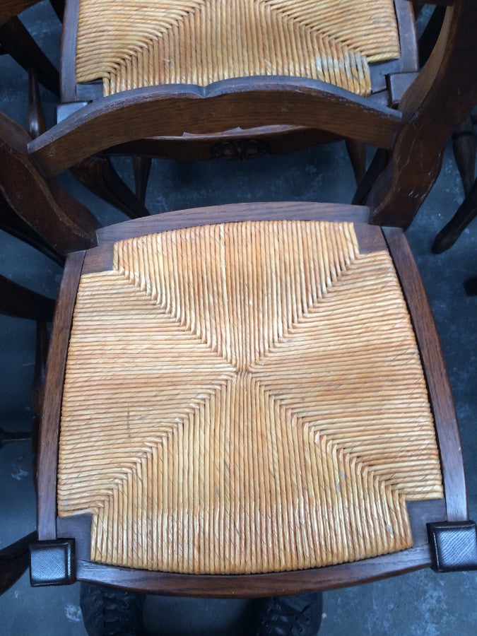 Set 12 Carved French Oak Rush Seat Dining Chairs