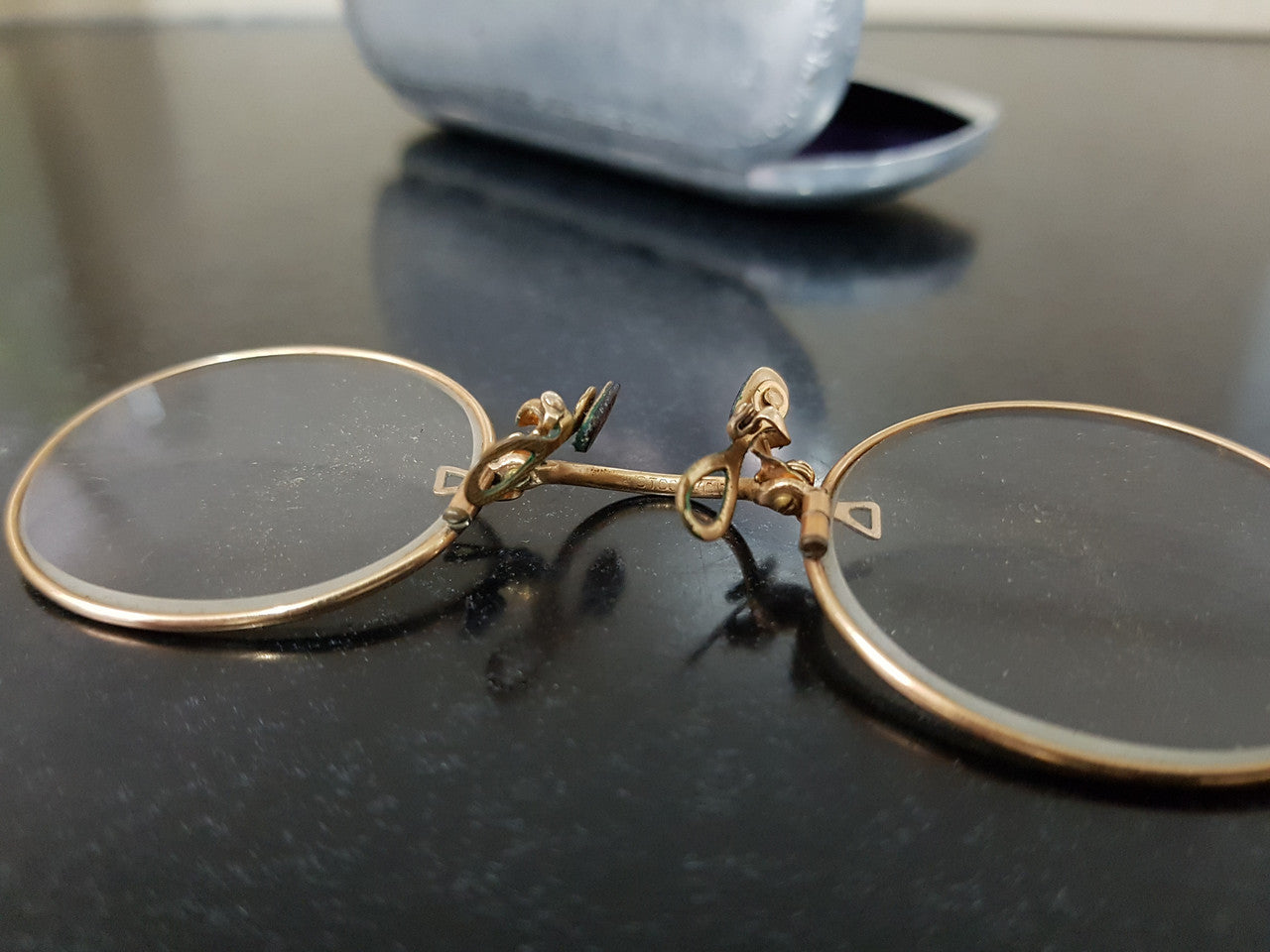 Antique Gold Plated Pince-Nez Reading Glasses In Original Case