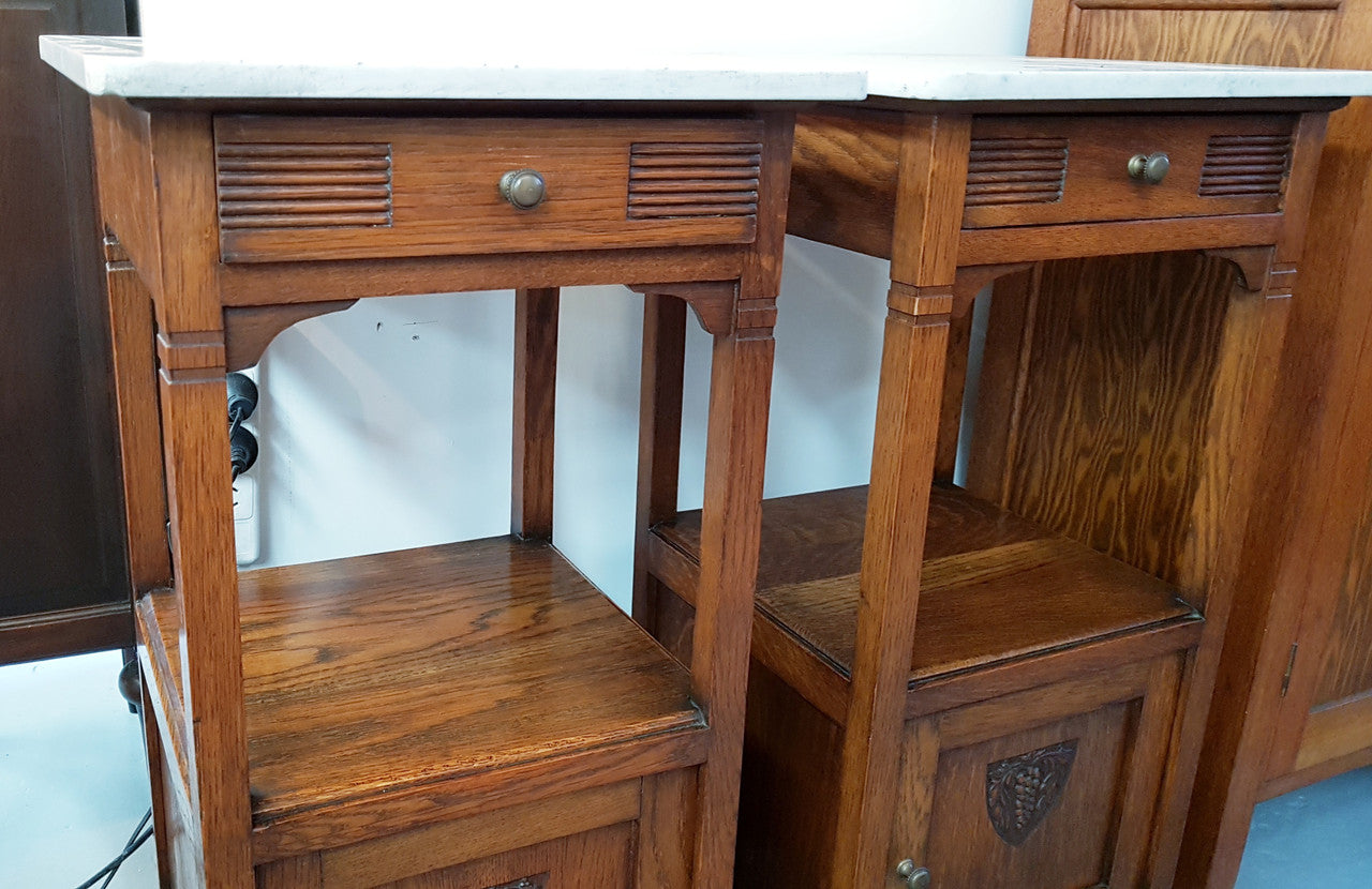 Pair Of French Oak & White Marble Top Bedsides