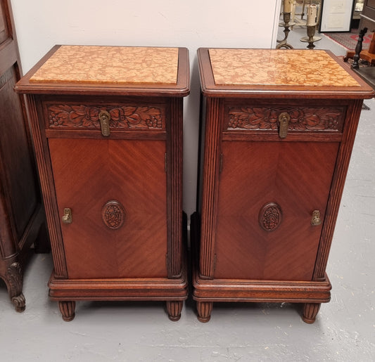 Pair Of French Oak Art Deco Inset Marble Top Bedsides