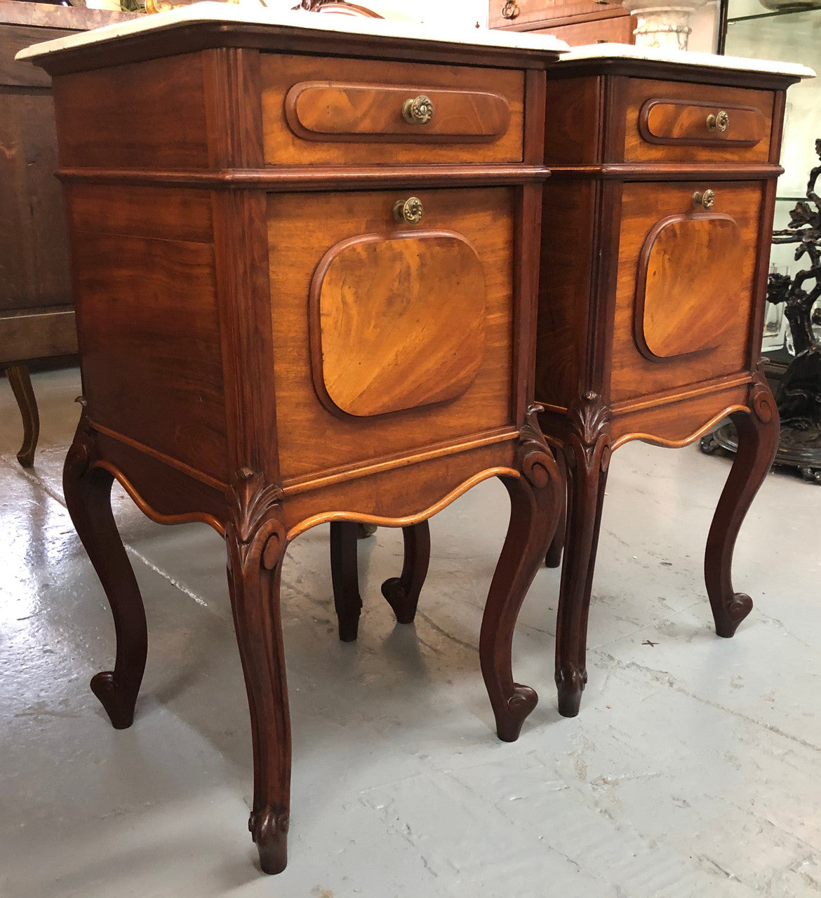 Pair Of White Marble Top Mahogany Bedside Cabinets