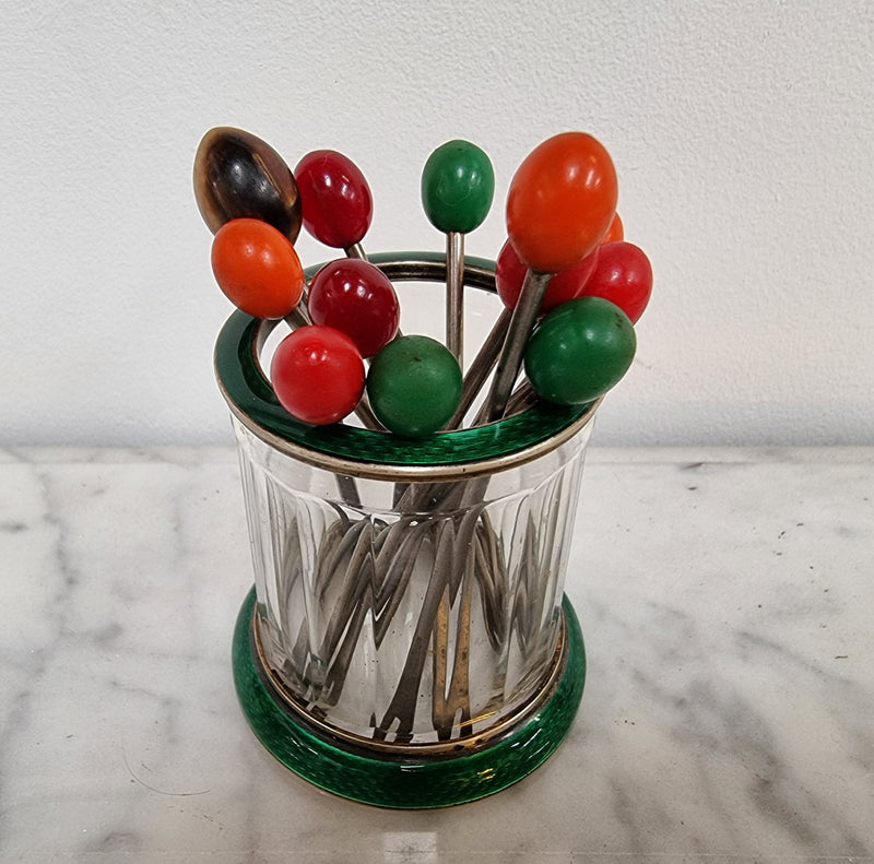 Rare French Silver, enamel and glass forks holder with 12 forks in good original condition, please view photos as they help form part of the description.