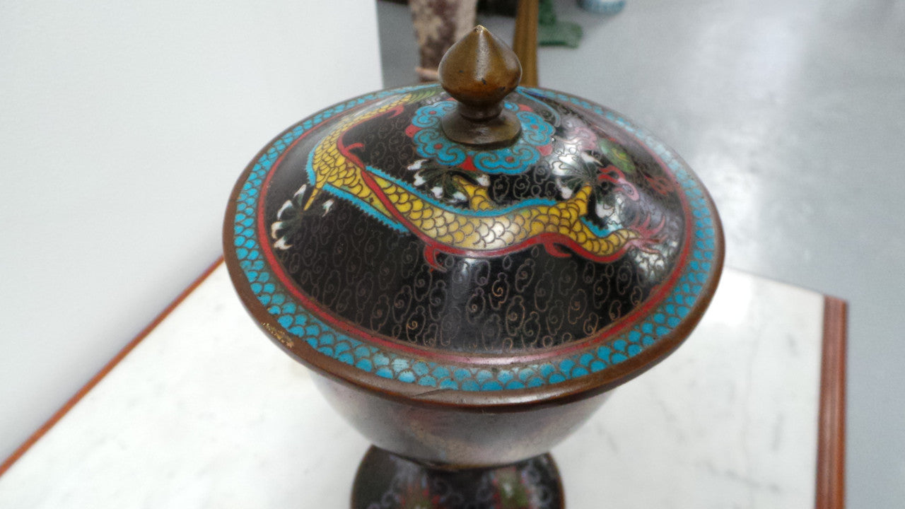 A rare antique Chinese cloisonné covered censer with five-clawed dragon. The five-clawed dragon signified that only the Emperor could use it. This piece boasts radiant colours and impressive detail, and overall is in very good condition. Dated to be from circa 1880.