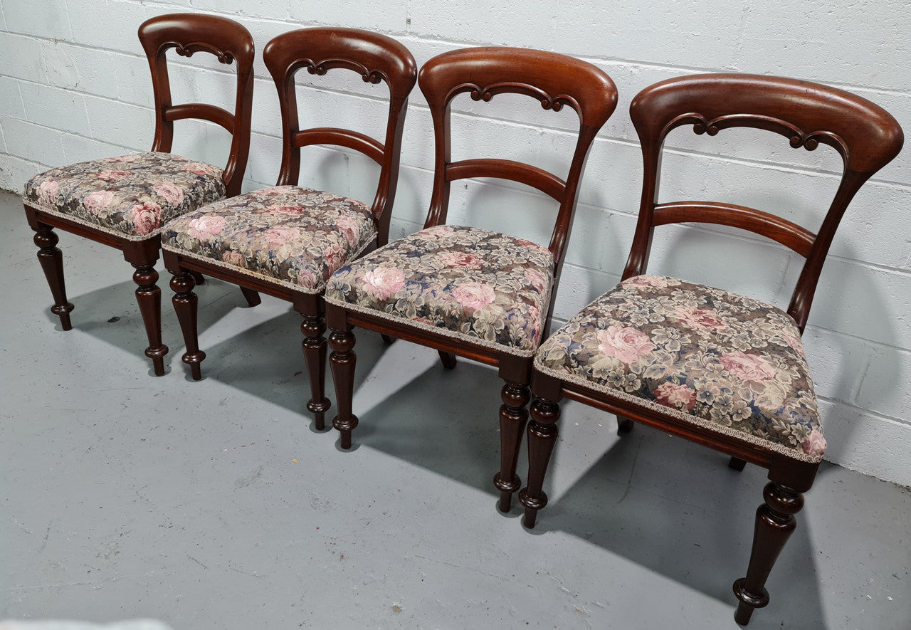 Set of Four Victorian upholstered cedar balloon back chairs. In good original detailewd condition, fabric is also in good used condition.