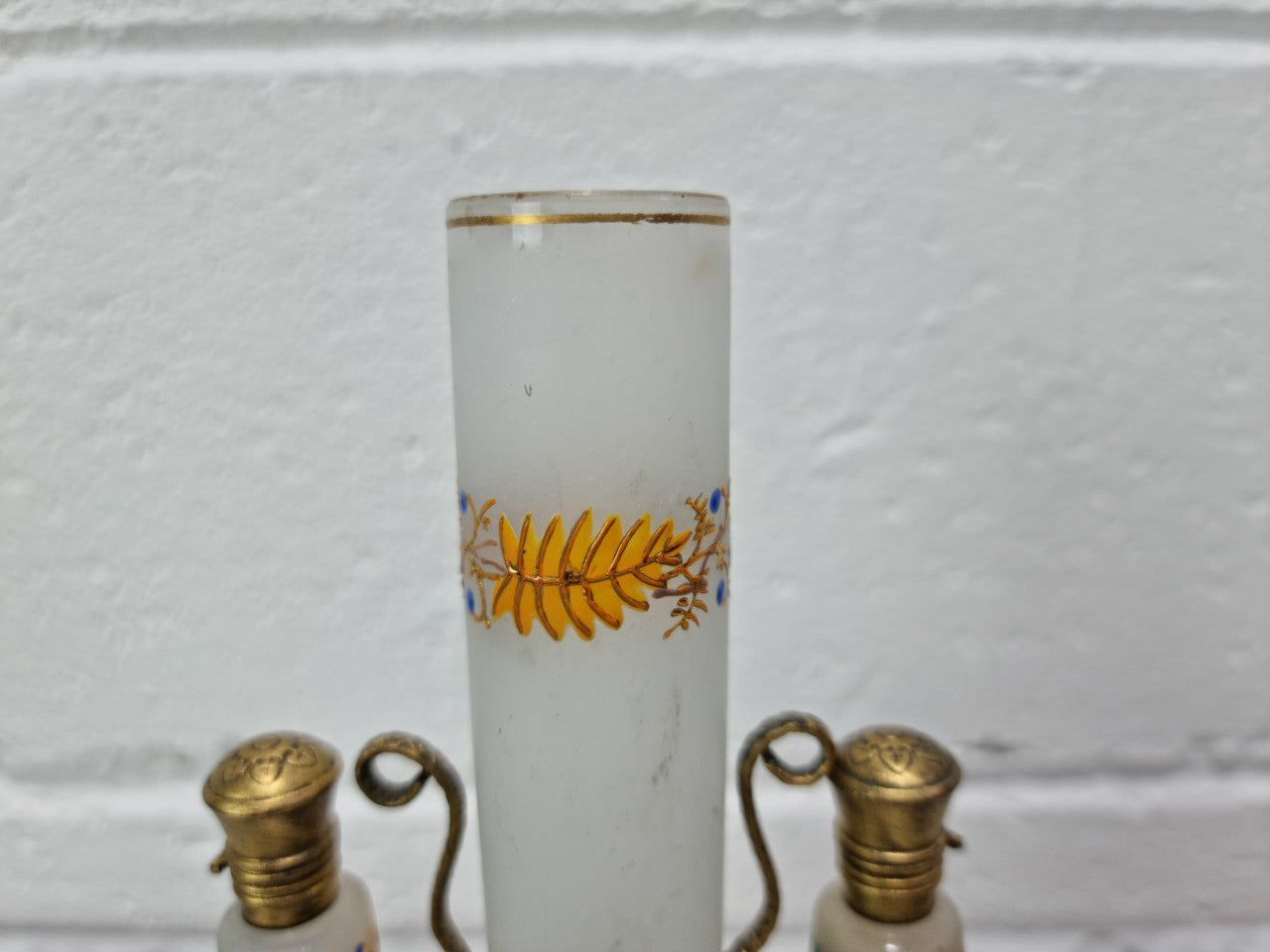 French 19th century perfume set in a gilt metal stand. Opaline glass beautifully hand painted and is in good original condition, please view photos as they help form part of the description.