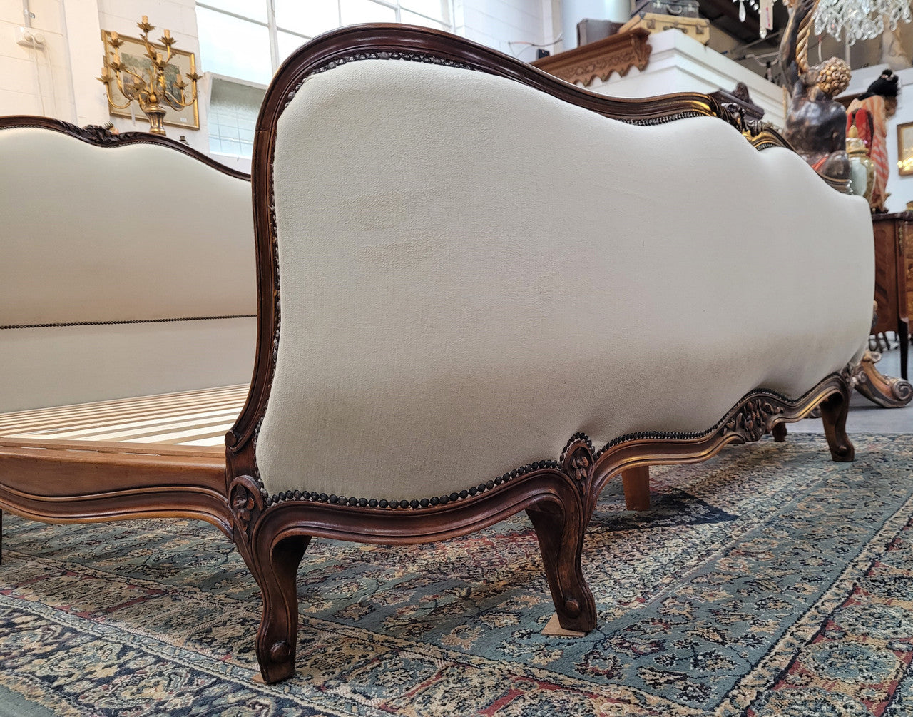 French Louis XV style queen size upholstered bed. Upholstery is in good condition and bed is complete with custom made slats. Just place your mattress on top.