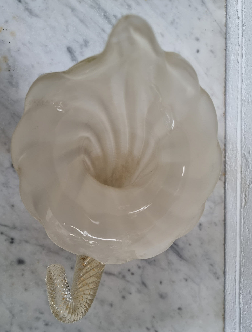 Large Vintage Murano white with adventuring glass cornucopia.